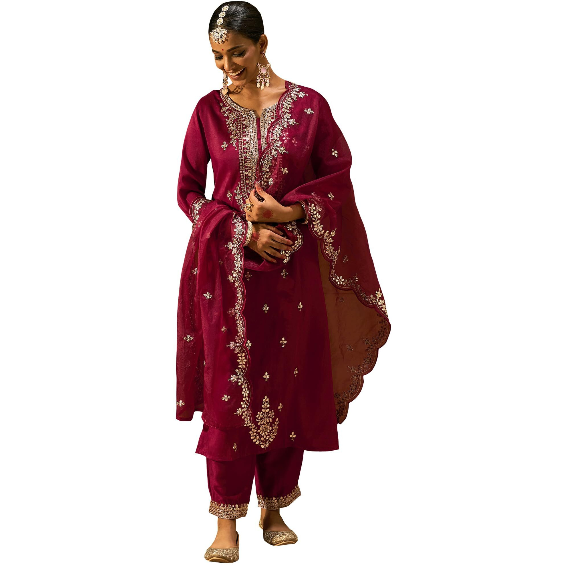 Indo Era Women's Embroidered Maroon Silk Blend Straight Kurta And Pant With Dupatta Set (Shutr6011._Small)