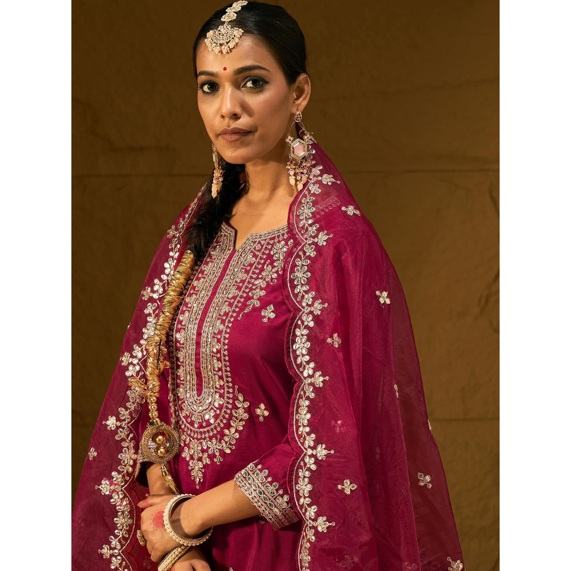 Indo Era Women's Embroidered Maroon Silk Blend Straight Kurta And Pant With Dupatta Set (Shutr6011._Small)