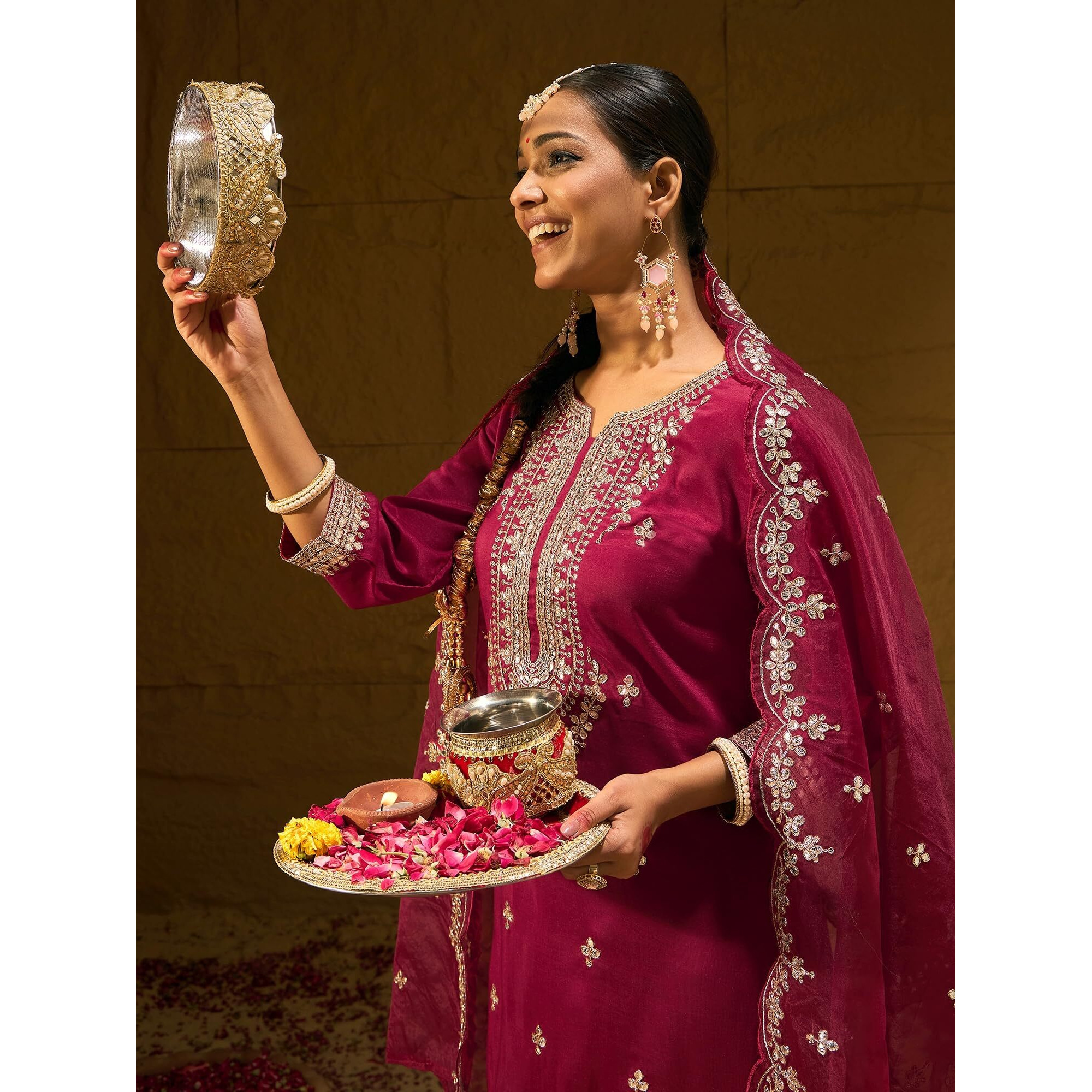 Indo Era Women's Embroidered Maroon Silk Blend Straight Kurta And Pant With Dupatta Set (Shutr6011._Small)