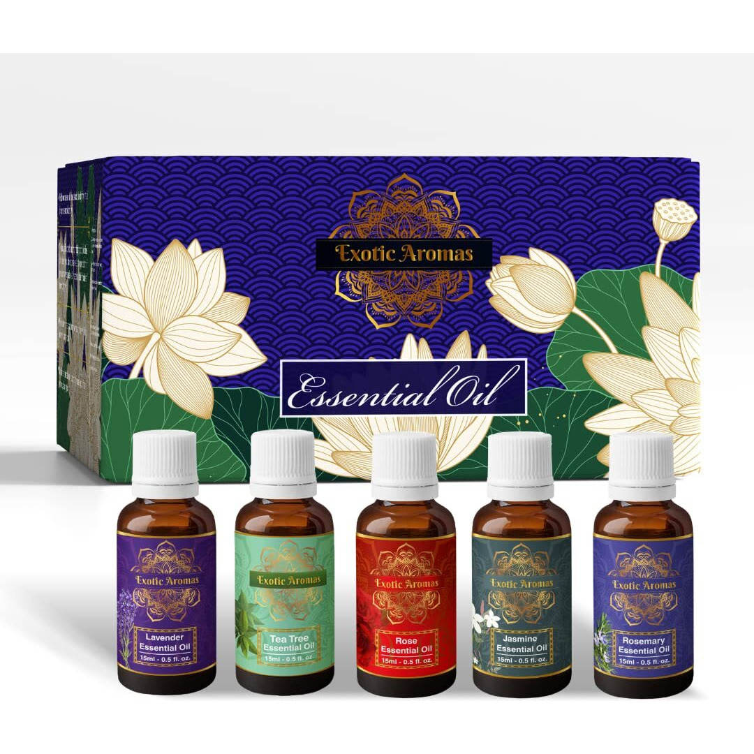 Exotic Aromas Essential Oil Lavender, Tea Tree, Rosemary, Rose, Jasmine (Pack Of 5)