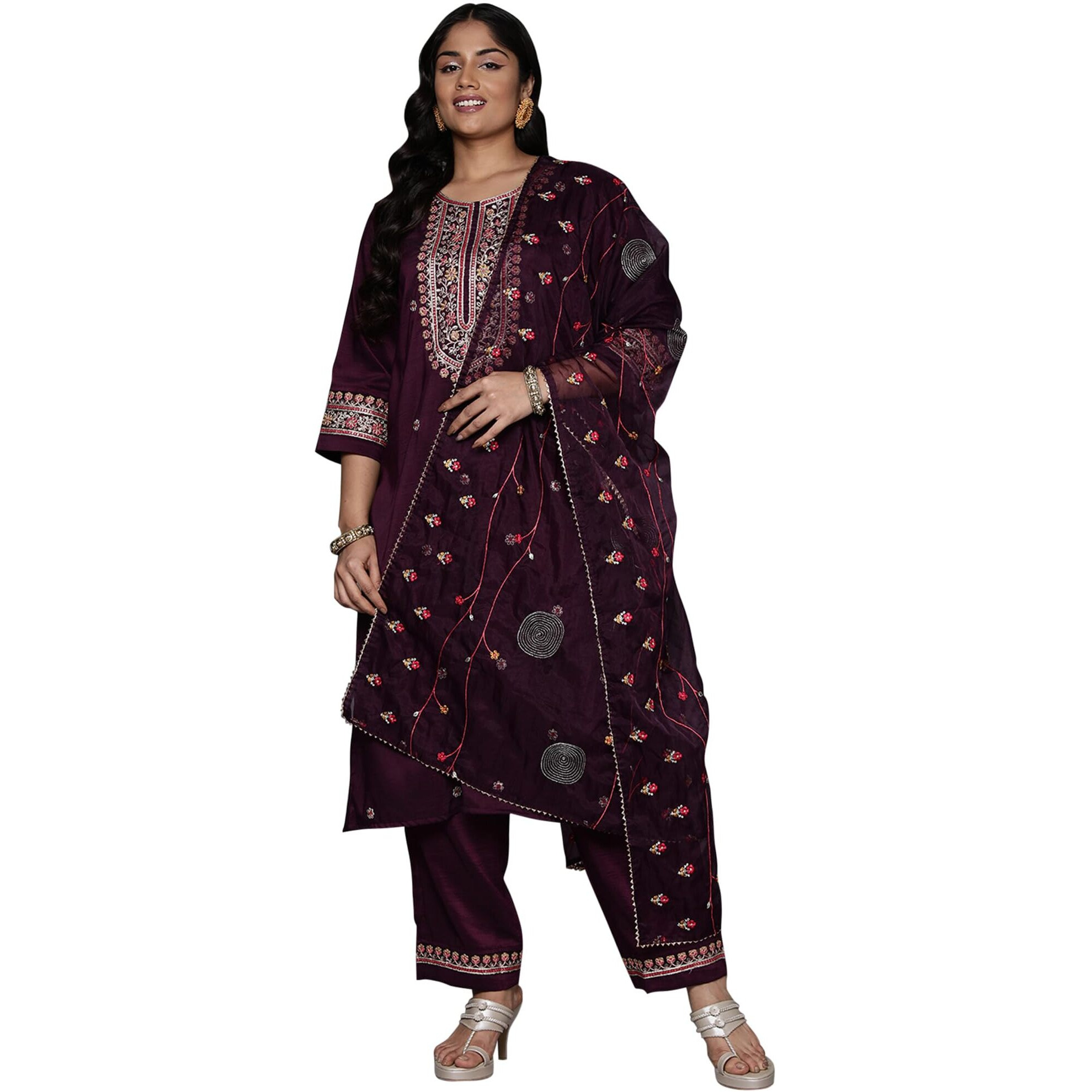 Indo Era Burgundy Silk Blend Embroidered Straight Kurta Pant With Dupatta Set (Ps9Kh7259_Xxx-Large)