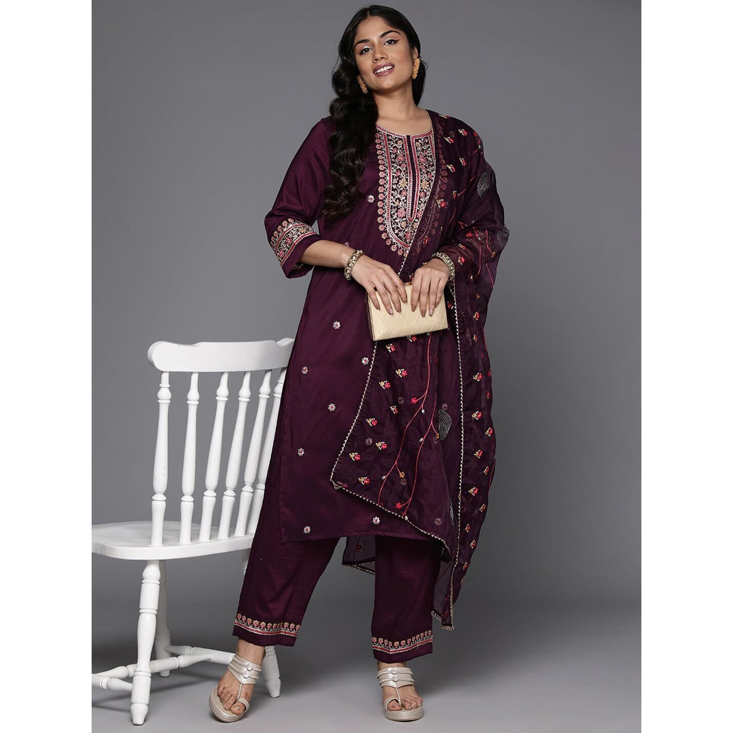 Indo Era Burgundy Silk Blend Embroidered Straight Kurta Pant With Dupatta Set (Ps9Kh7259_Xxx-Large)