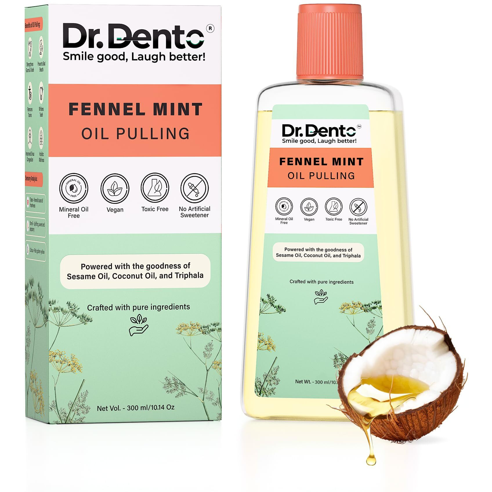Dr.Dento Fennel Mint Oil Pulling | Ayurvedic Oral Care | All-Natural Coconut Oil Blend For Fresh Breath & Detox | Healthy Teeth & Gums (300 Ml)