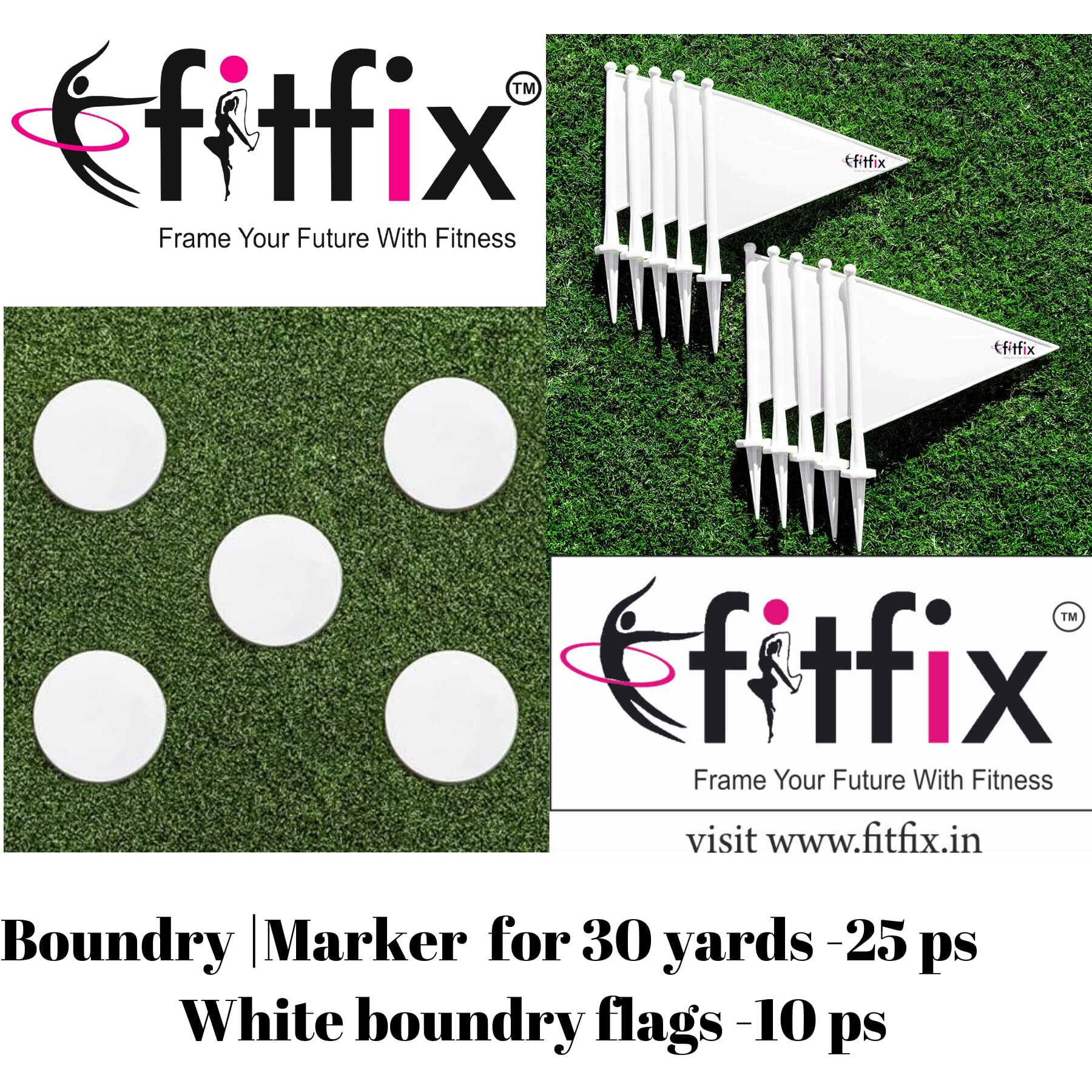 Fitfix Sports Cricket Ground Marking Disc Dia 7" Abs Strong Material (Boundary Marking Disc) Pack Of 25 Ps With 10 Ps Boundry Flags White -Cricket Boundry Kit
