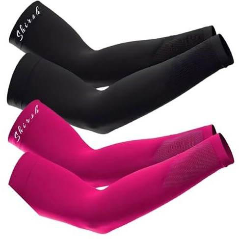 Shirsh Uv Protection Cooling Men And Women Arm Sleeves Compression Sun Sleeves For Men Women Youth, Sports, Cricket, Hand Gloves For Men And Women,Tattoo Cover-Up, Upf 50-2 Pair (Black & Pink)
