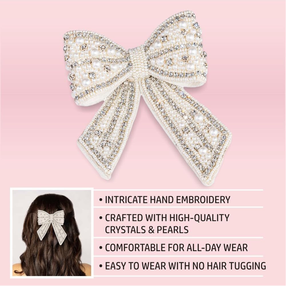 Hair Drama Company Embellished Crystal Hair Bow Barrette Clip With Pearls - Off White - Long Tail Hair Ribbon Slides With Metal Barrette Clips - Handmade French Hair Accessories