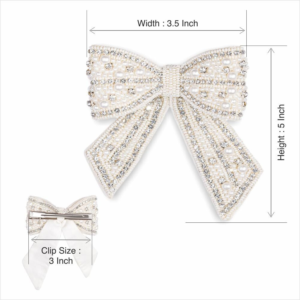 Hair Drama Company Embellished Crystal Hair Bow Barrette Clip With Pearls - Off White - Long Tail Hair Ribbon Slides With Metal Barrette Clips - Handmade French Hair Accessories