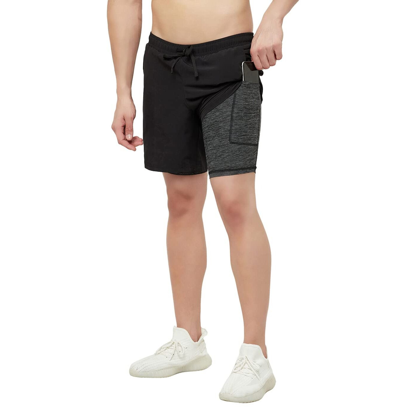 Truerevo 2 In 1 Running Sports Shorts For Men With Mobile Phone Pocket Light Weight Quick Dry Fabric For Gym Athletic(161115Q_Blk_L_Black_L)