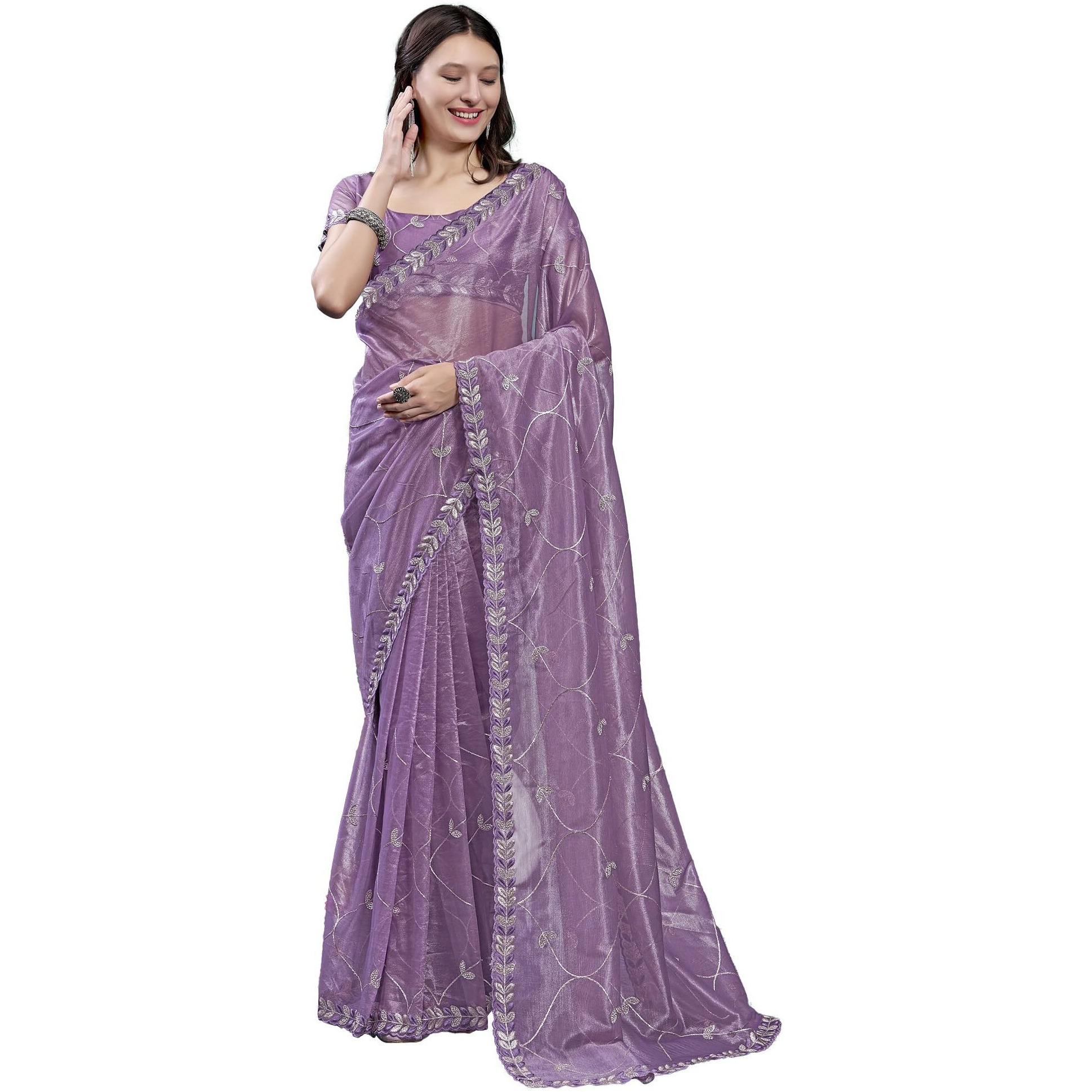 Akhilam Women's Mauve Organza Embroidered Saree With Unstitched Blouse (Angel6002_Ag)