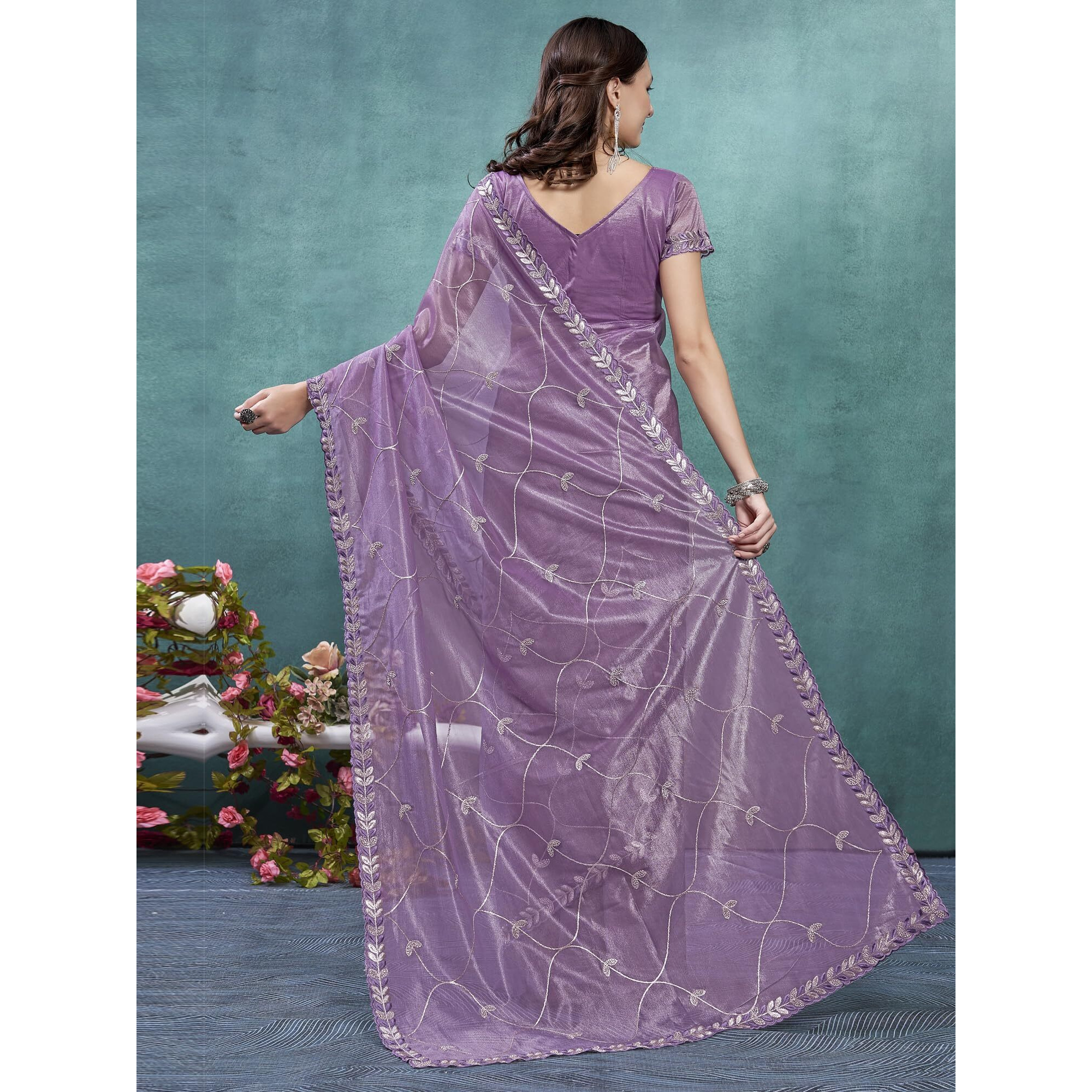 Akhilam Women's Mauve Organza Embroidered Saree With Unstitched Blouse (Angel6002_Ag)