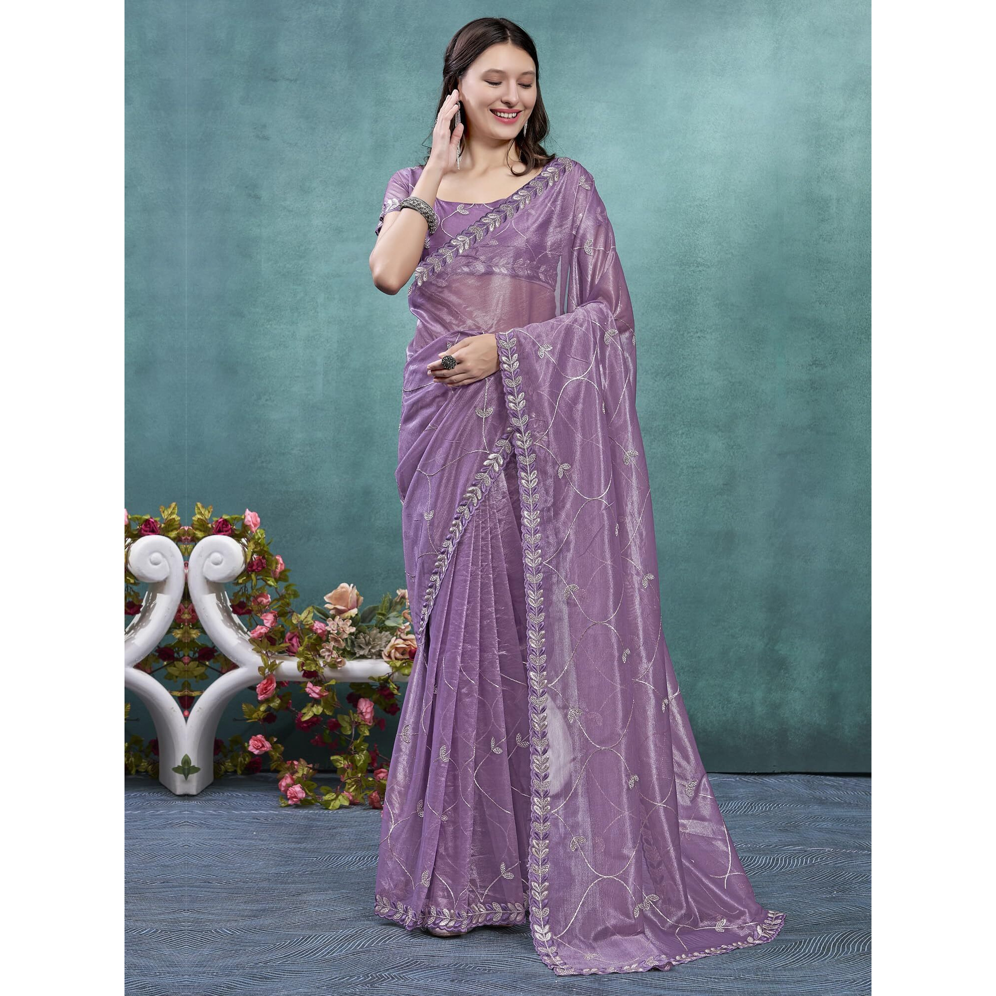 Akhilam Women's Mauve Organza Embroidered Saree With Unstitched Blouse (Angel6002_Ag)