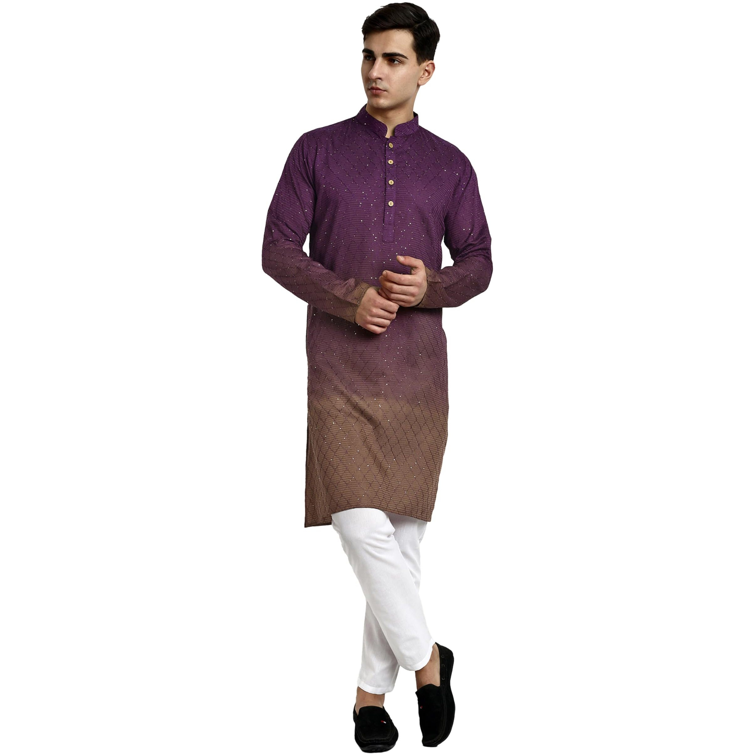 Vardha Men's Cotton Chikankari Embroidered And Sequence Full Sleeve Knee Length Casual Kurta For All Occations Like Wedding, Office & Events (Mk_39_L_Lk)