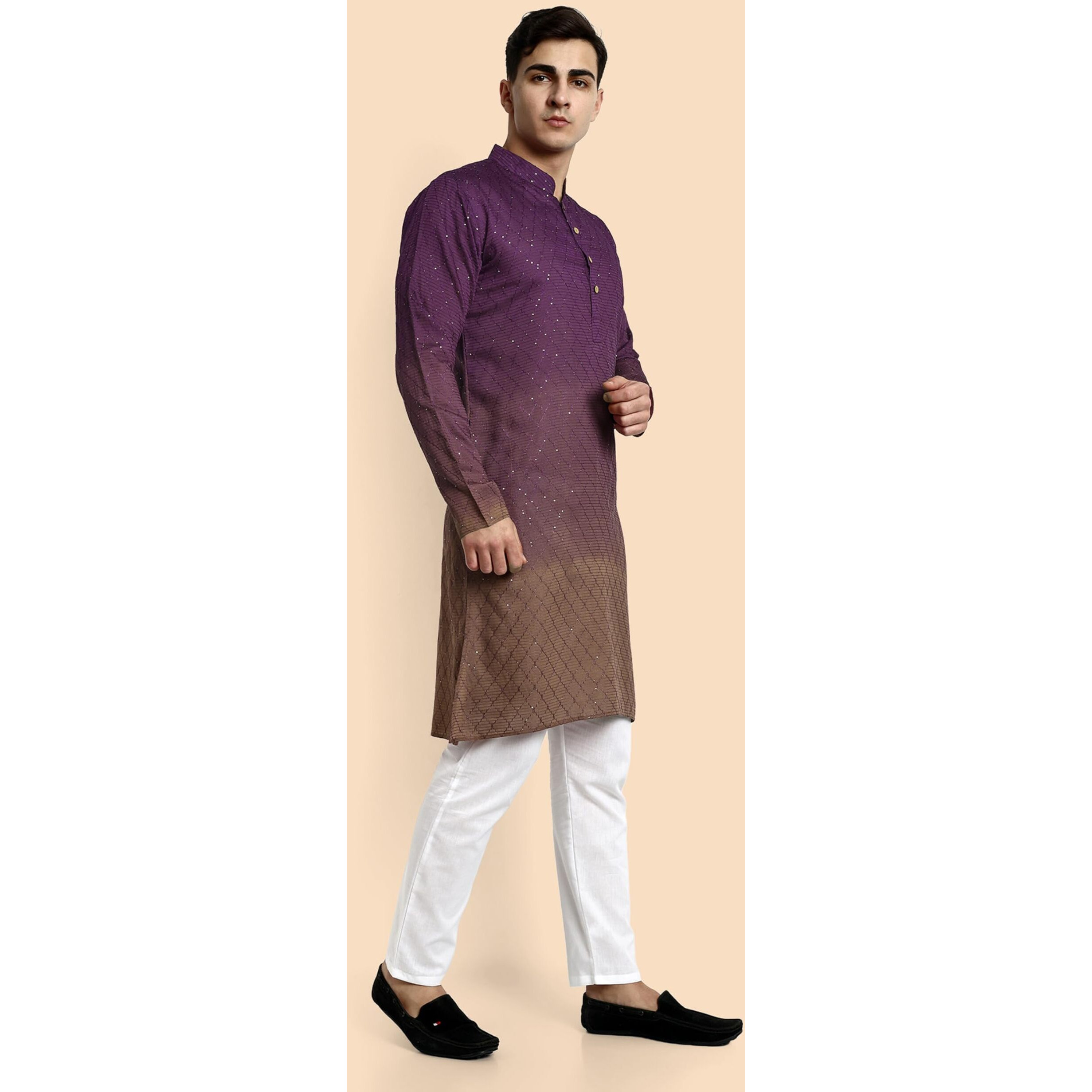 Vardha Men's Cotton Chikankari Embroidered And Sequence Full Sleeve Knee Length Casual Kurta For All Occations Like Wedding, Office & Events (Mk_39_L_Lk)