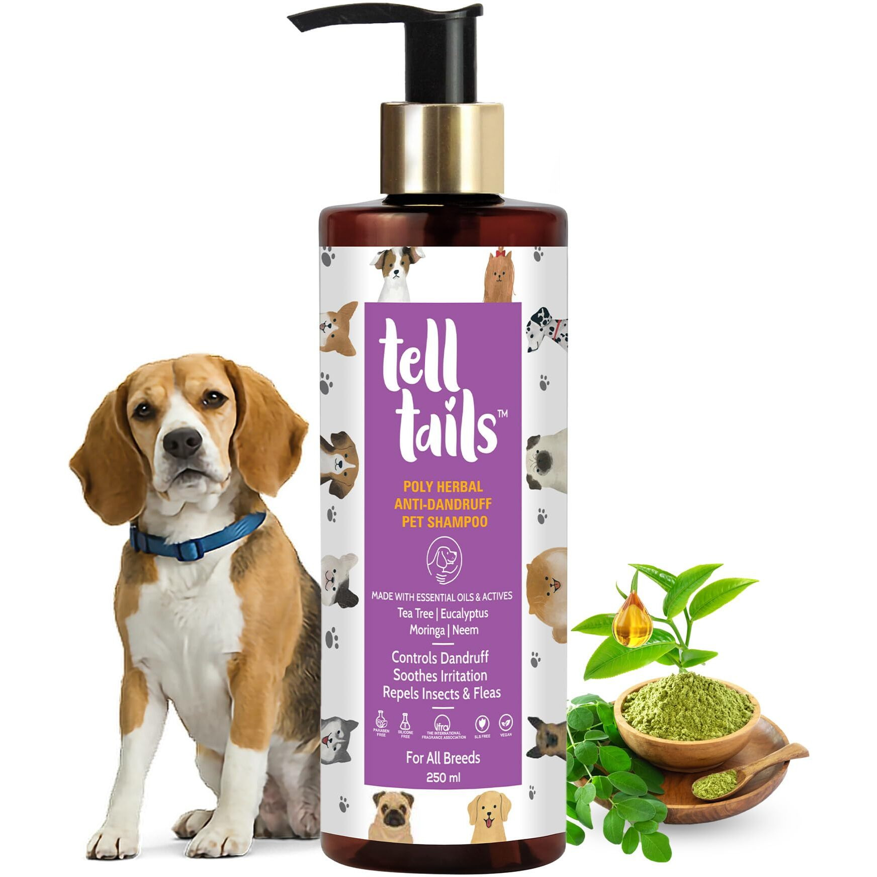 Telltails Anti-Dandruff Pet Shampoo | Prevents Dandruff & Repels Ticks & Fleas | Improves Scalp Health | Tea Tree, Eucalyptus, Moringa & Neem | Antimicrobial & Anti-Inflammatory | All Breeds | 250Ml