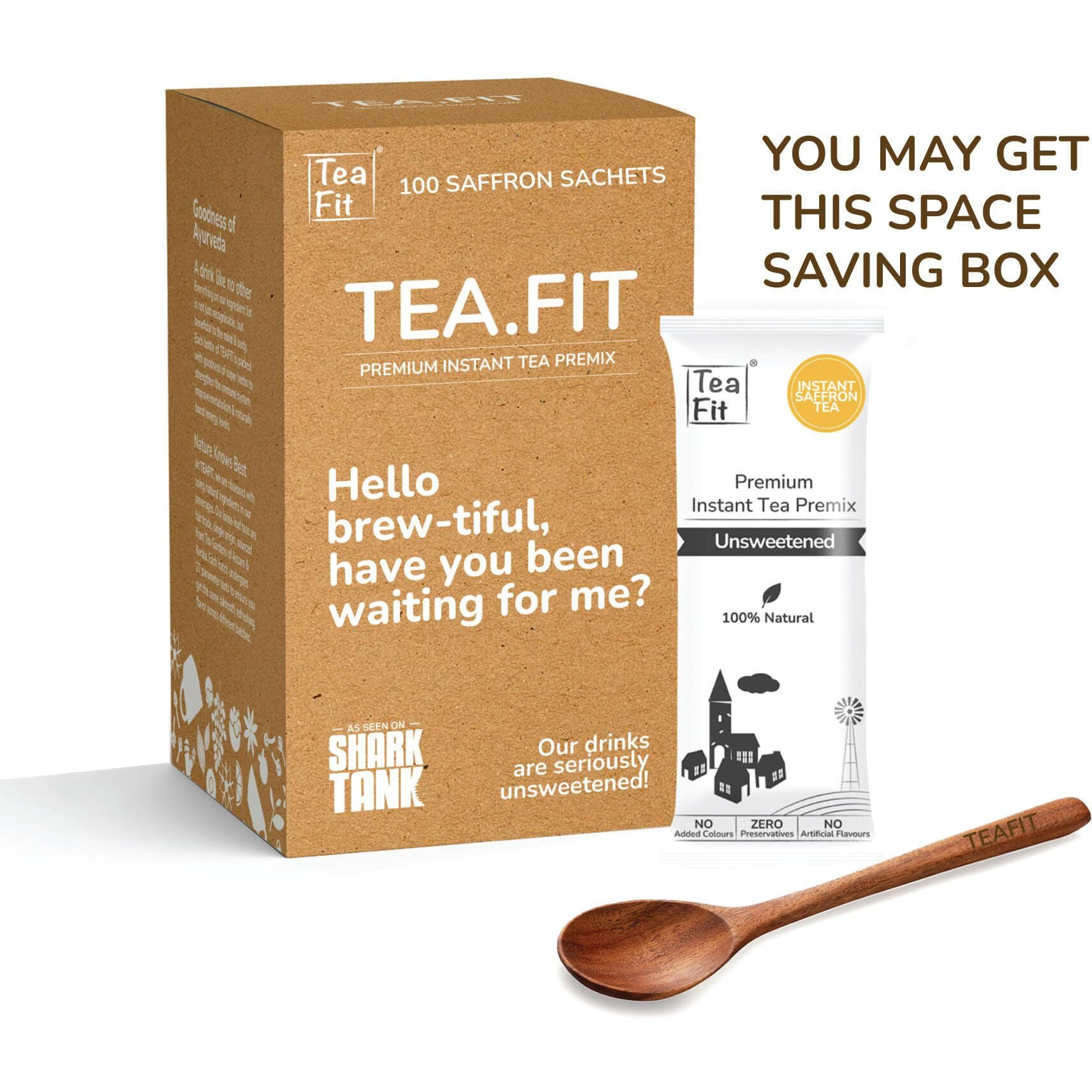 Teafit Premium Unsweetened Saffron Instant Tea Premix Pack Of 100 Sachets + Spoon | Just Add Water | Strong Home Like Kesar Chai | Diabetic Friendly | No Sweeteners, 1.4 Kg