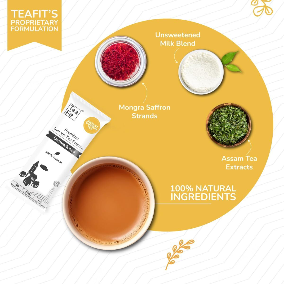 Teafit Premium Unsweetened Saffron Instant Tea Premix Pack Of 100 Sachets + Spoon | Just Add Water | Strong Home Like Kesar Chai | Diabetic Friendly | No Sweeteners, 1.4 Kg