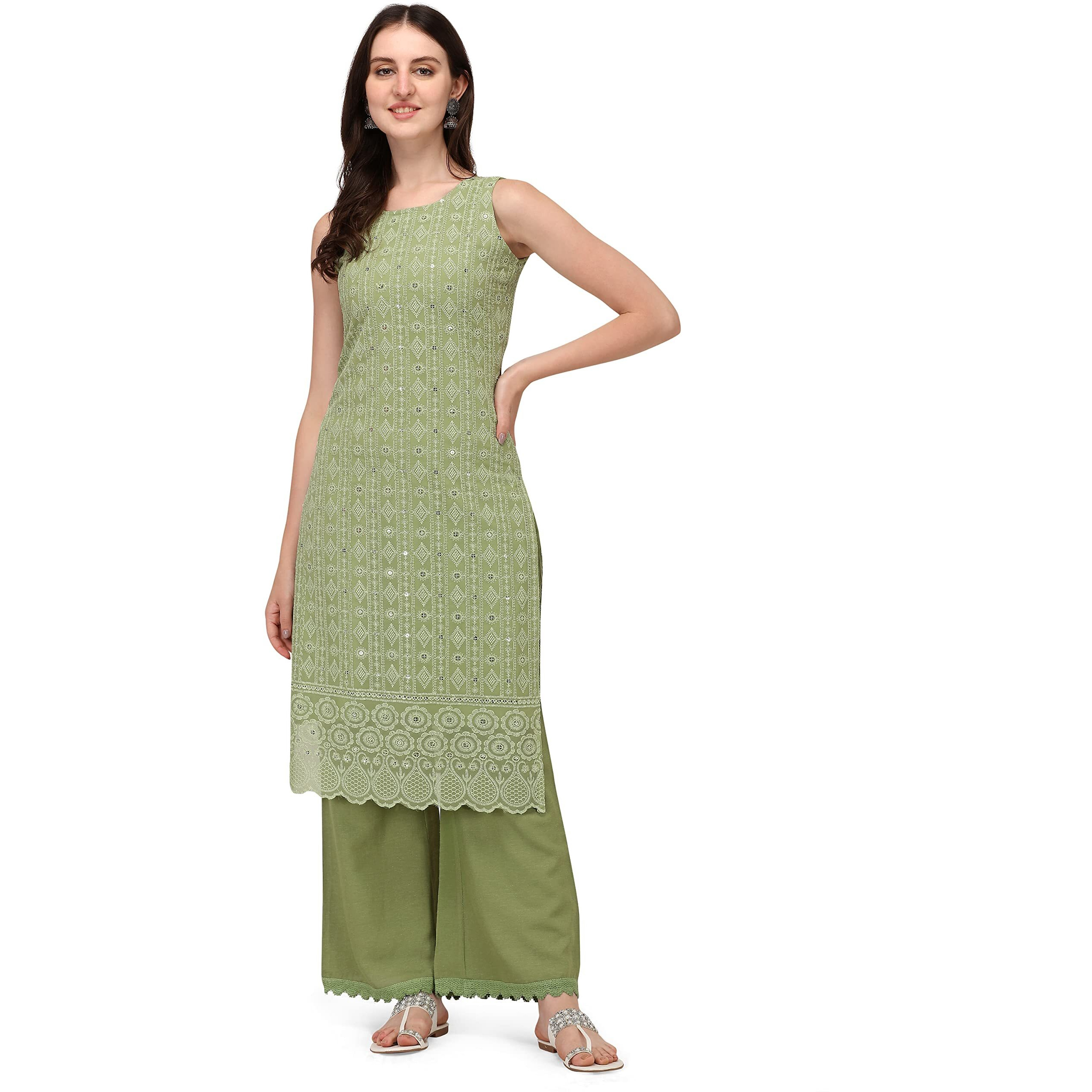 Shopping Queen Women's Georgette Chikankari Embroidered Kurta Palazzo Set (A305_Dusty Green_Xs)