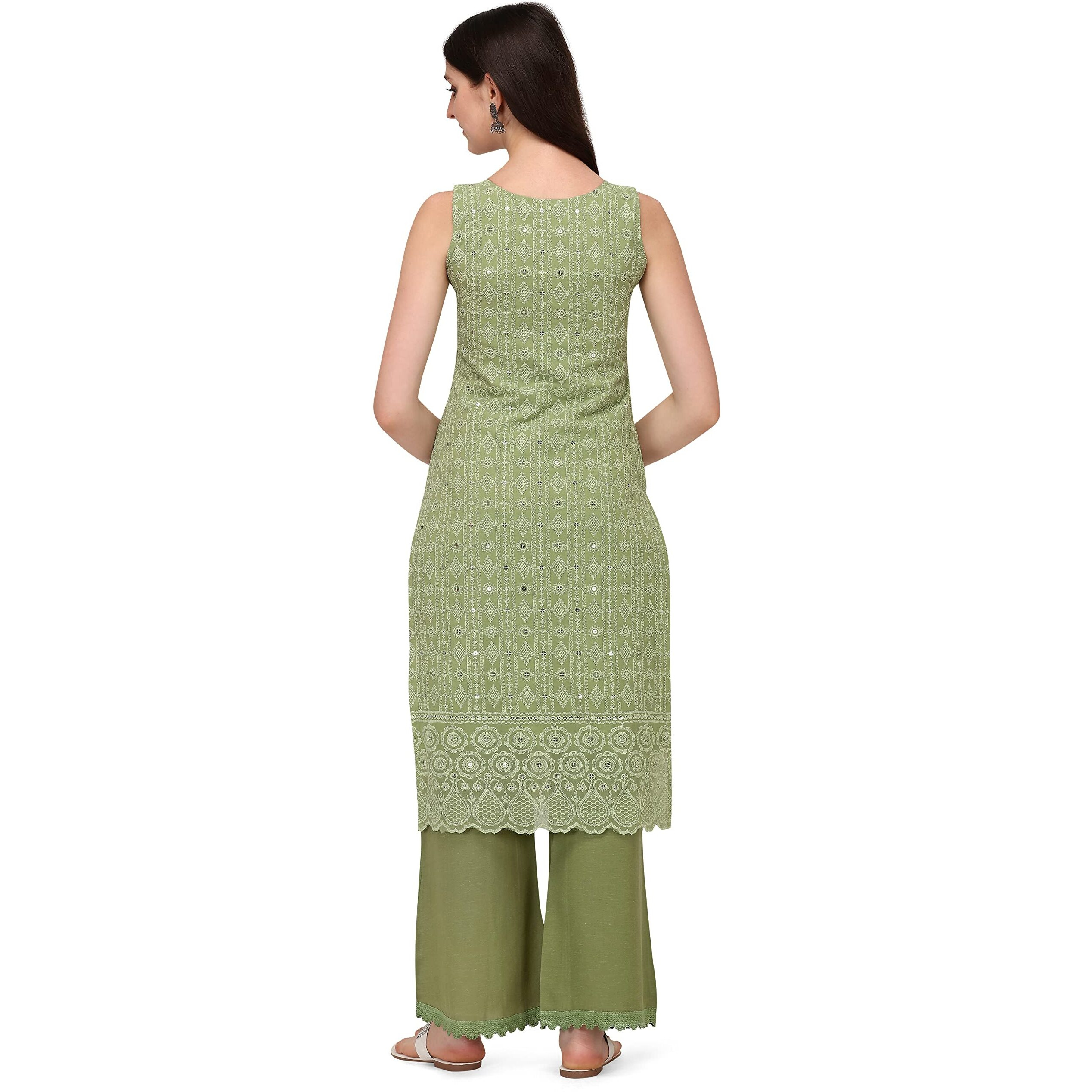Shopping Queen Women's Georgette Chikankari Embroidered Kurta Palazzo Set (A305_Dusty Green_Xs)