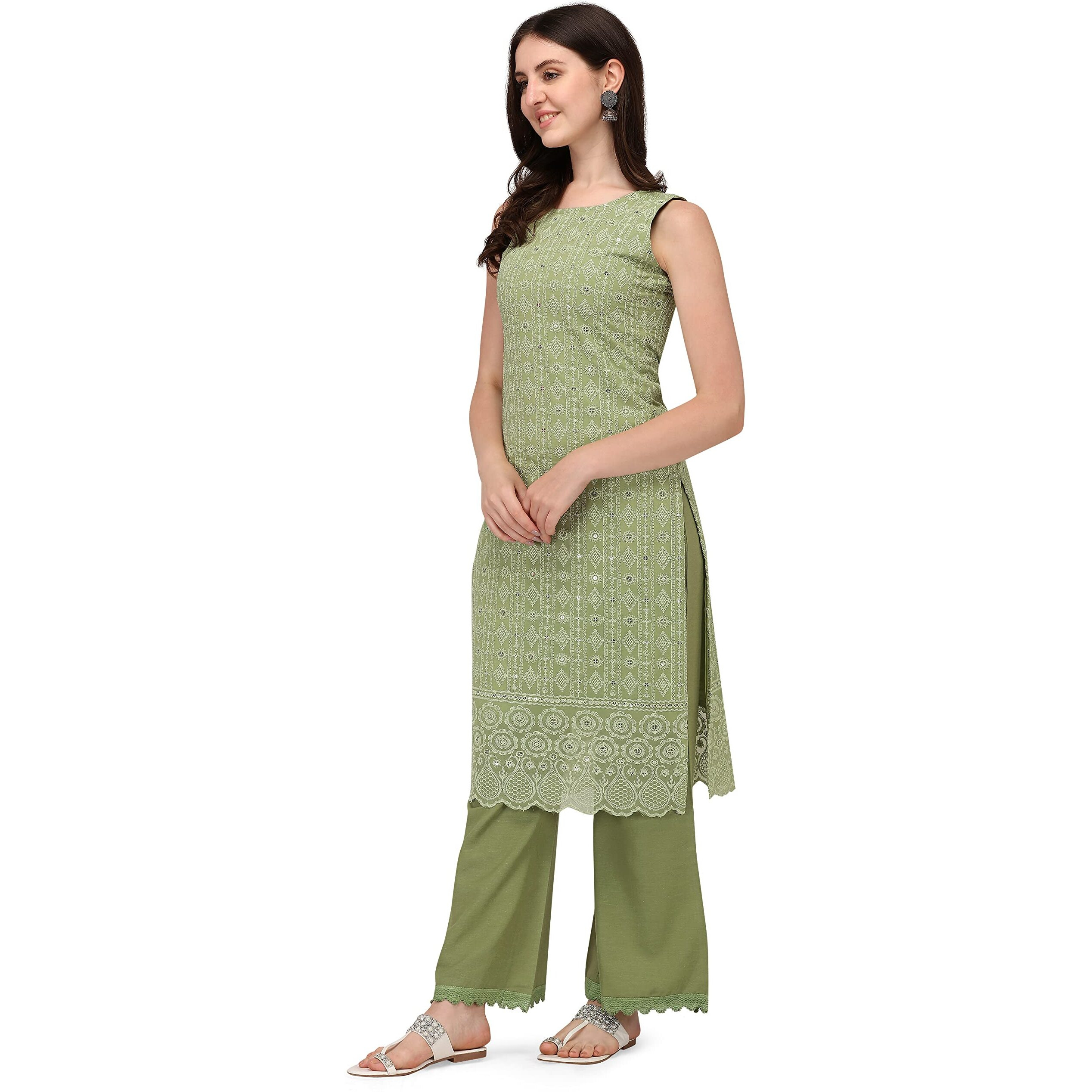 Shopping Queen Women's Georgette Chikankari Embroidered Kurta Palazzo Set (A305_Dusty Green_Xs)
