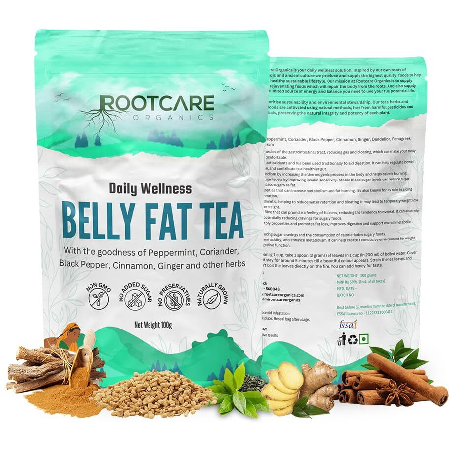 Rootcare Organics Belly Fat Tea-Natural Herbal Blend For Men & Women-Coriander, Cinnamon, Turmeric-Supports Healthy Weight Loss-100% Natural Detox Infusion | Pack Of 1 Month | 100G