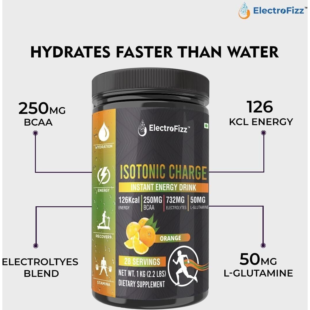 Electrofizz Isotonic Energy Drink Powder For Endurance Sports & Fitness Activities, 1 Kg Jar (Orange), 1 Count, 28 Servings
