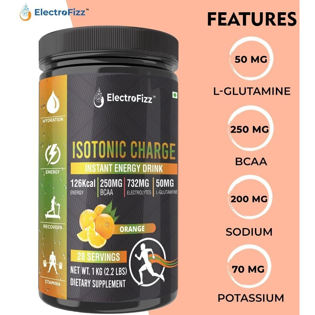 Electrofizz Isotonic Energy Drink Powder For Endurance Sports & Fitness Activities, 1 Kg Jar (Orange), 1 Count, 28 Servings