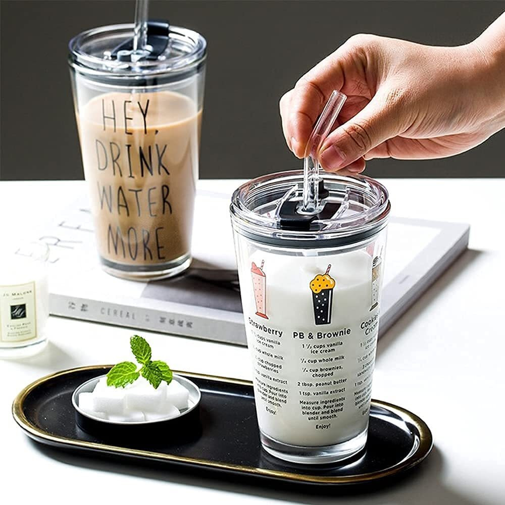 Kikiluxxa Random Design Glass Kids Fruit Juice Milk Sipper Tumbler Mug With Straw And Lid - Pack Of 2 - Green Tea Coffee Soda Can Cup With Straw (A Adult 2), 370 Ml