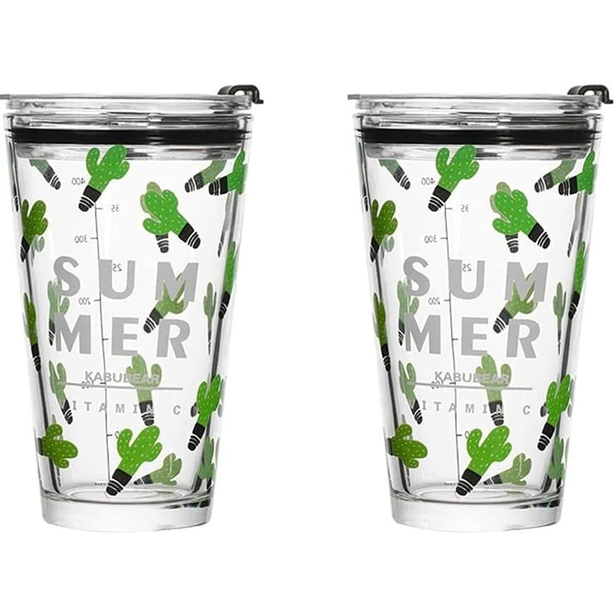 Kikiluxxa Random Design Glass Kids Fruit Juice Milk Sipper Tumbler Mug With Straw And Lid - Pack Of 2 - Green Tea Coffee Soda Can Cup With Straw (A Adult 2), 370 Ml