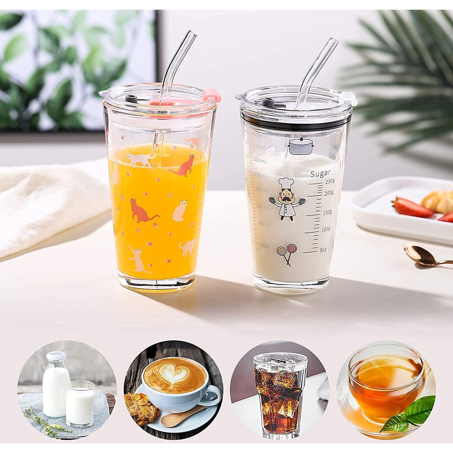 Kikiluxxa Random Design Glass Kids Fruit Juice Milk Sipper Tumbler Mug With Straw And Lid - Pack Of 2 - Green Tea Coffee Soda Can Cup With Straw (A Adult 2), 370 Ml
