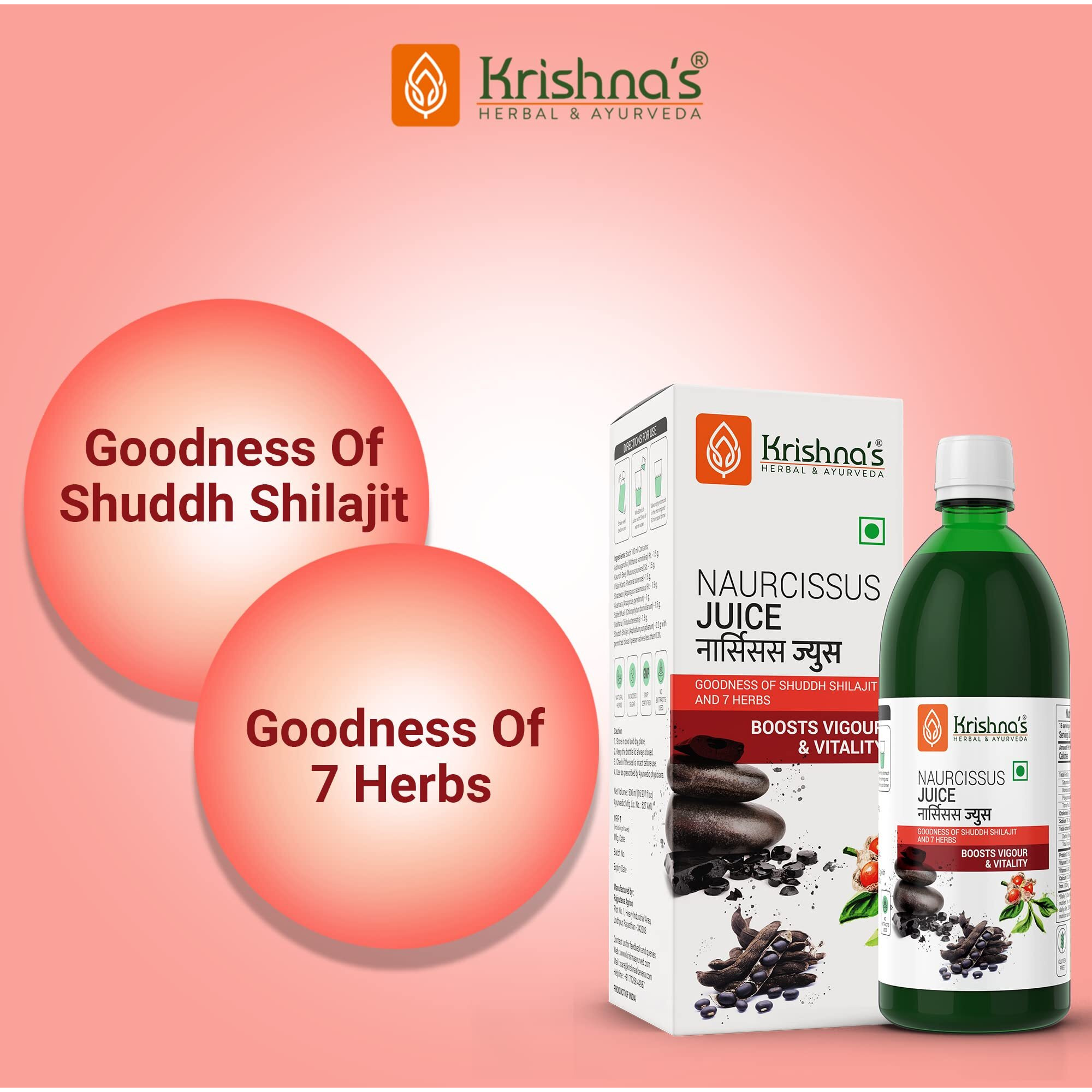 Krishna's Herbal & Ayurveda Krishna's Naurcissus Juice-1000 Ml Ayurvedic Ingredients Ashwagandha,Kaunch Beej,Vidari Kand,Shatawari,Akarkara,Safed Musli,Gokhru Etc Helps In Boosting Stamina