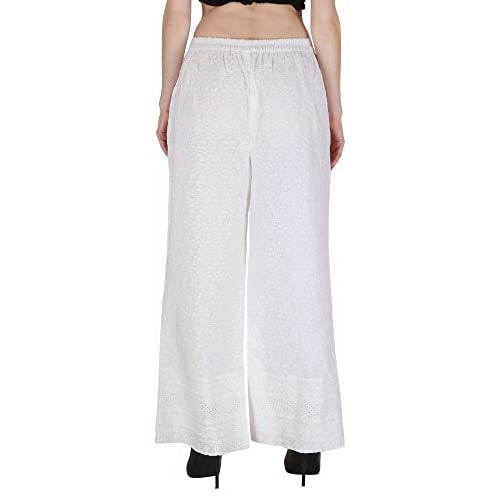 Shopping Queen Women's Cotton Regular Fit Mid Rise Embroidered Chikankari Palazzo (A296_White_Large)