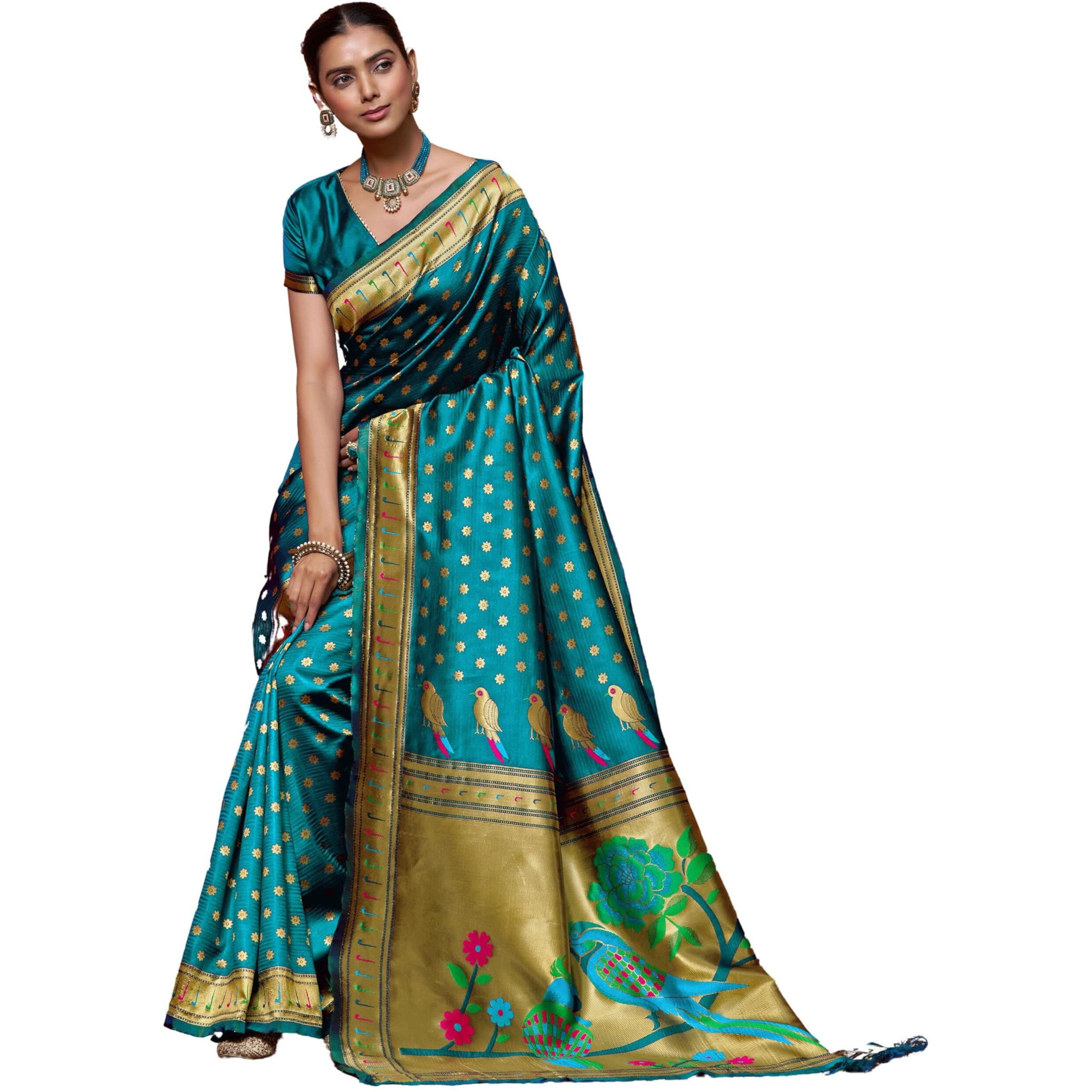 Ethnicjunction Women's Silk Blend Woven Paithani Saree With Blouse Piece, Sky