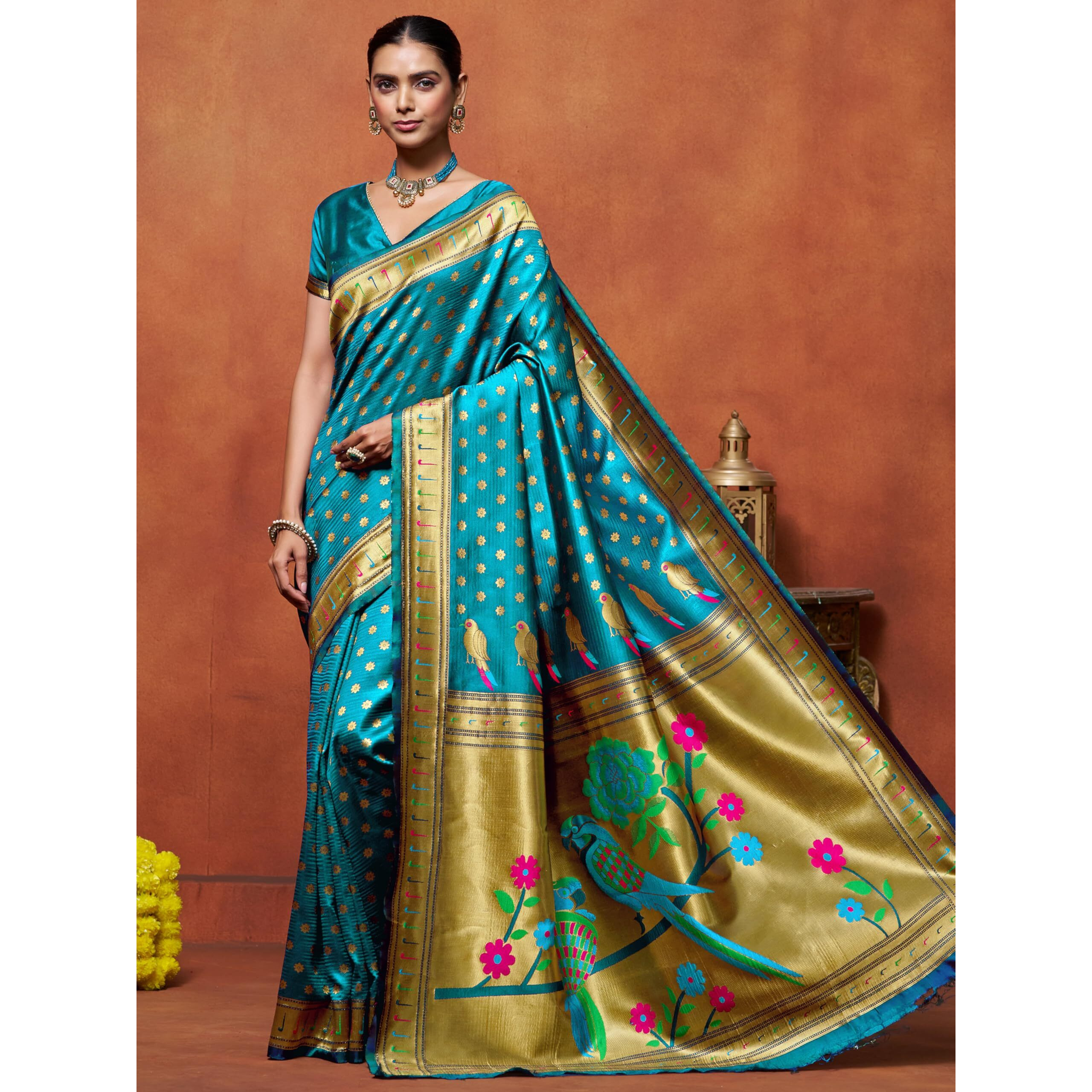 Ethnicjunction Women's Silk Blend Woven Paithani Saree With Blouse Piece, Sky