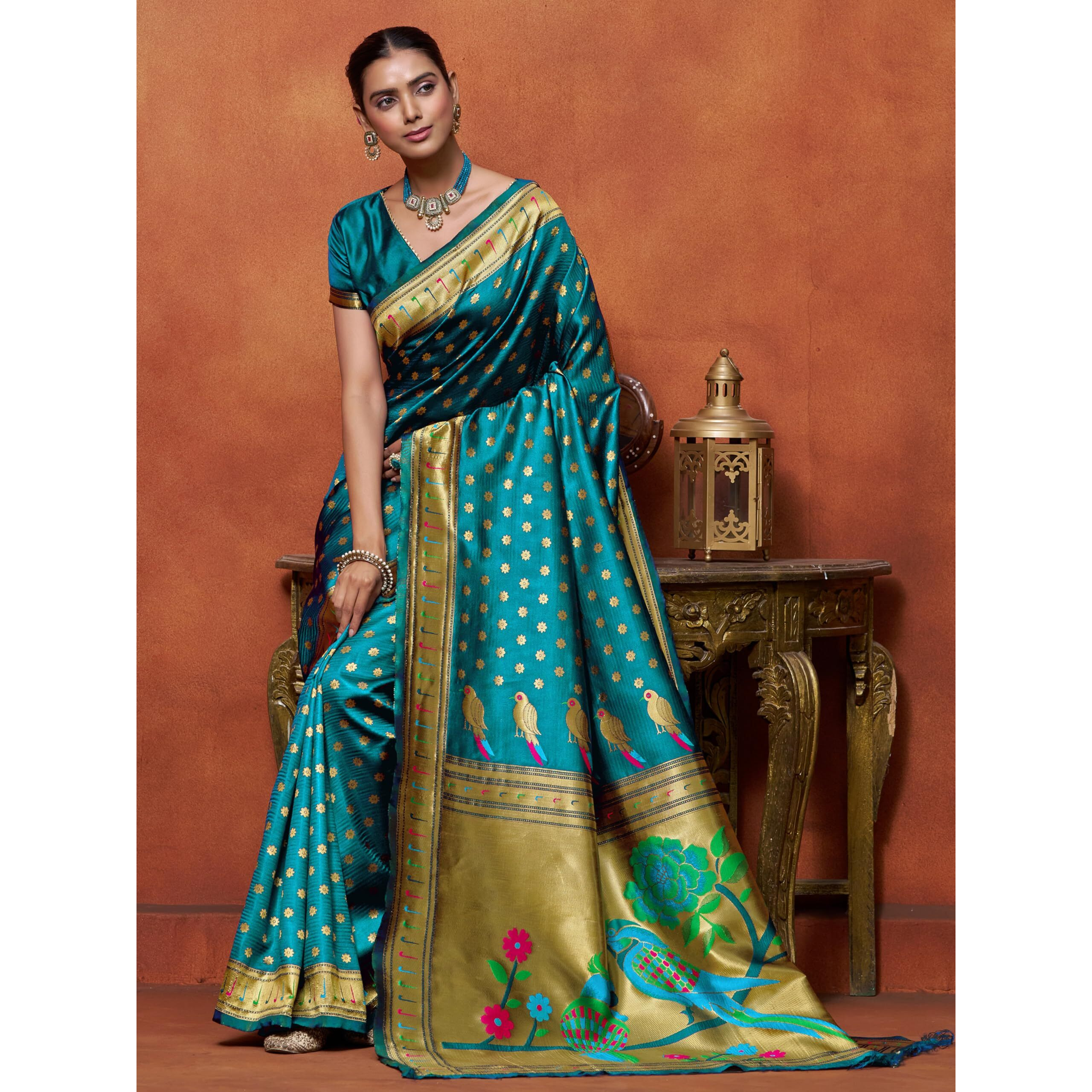 Ethnicjunction Women's Silk Blend Woven Paithani Saree With Blouse Piece, Sky