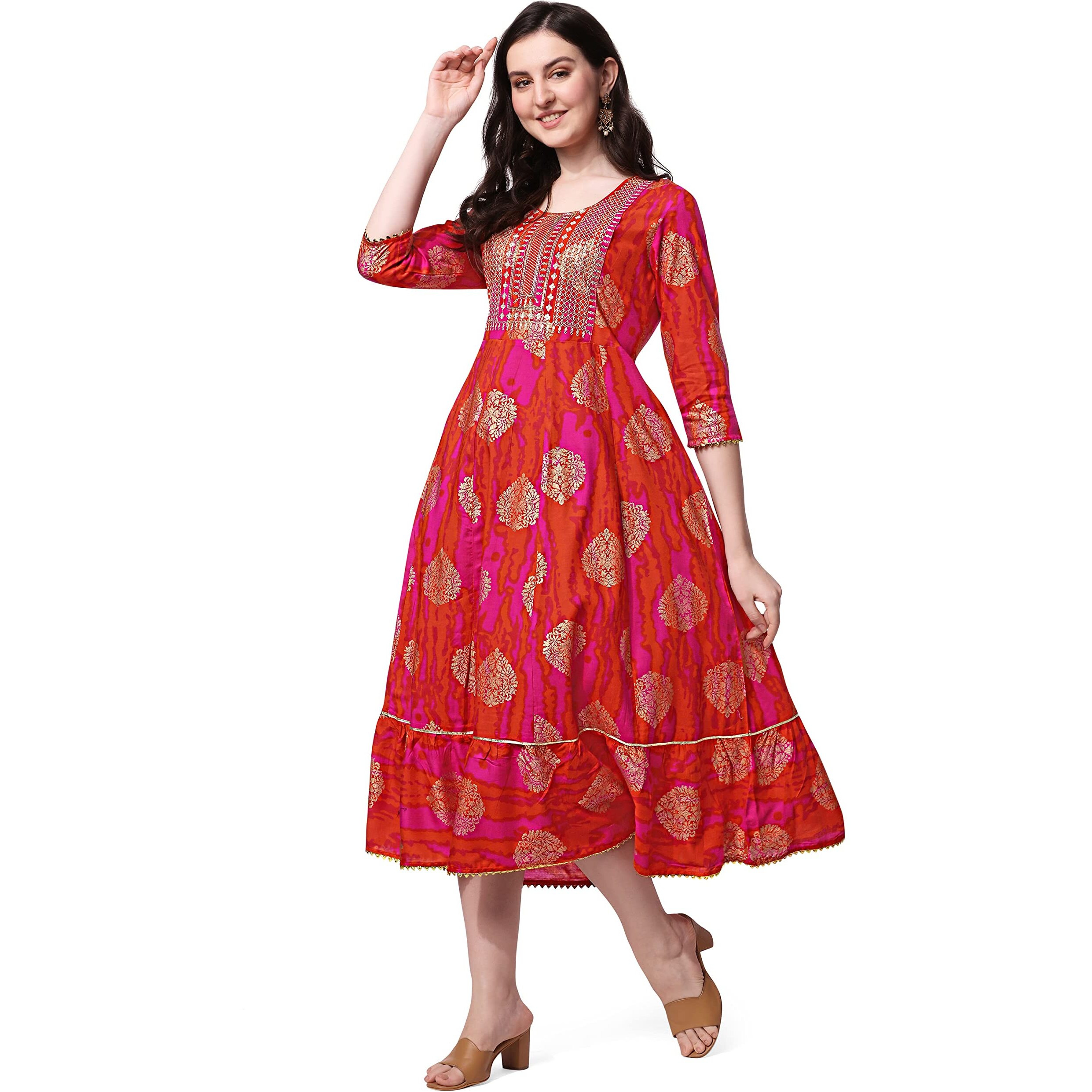 Mirchi Fashion Women's Cotton Blend Printed A-Line Kurti With Sequins Embroidered & Foil Work (In, Alpha, Xl, Pink, Orange, Gold)
