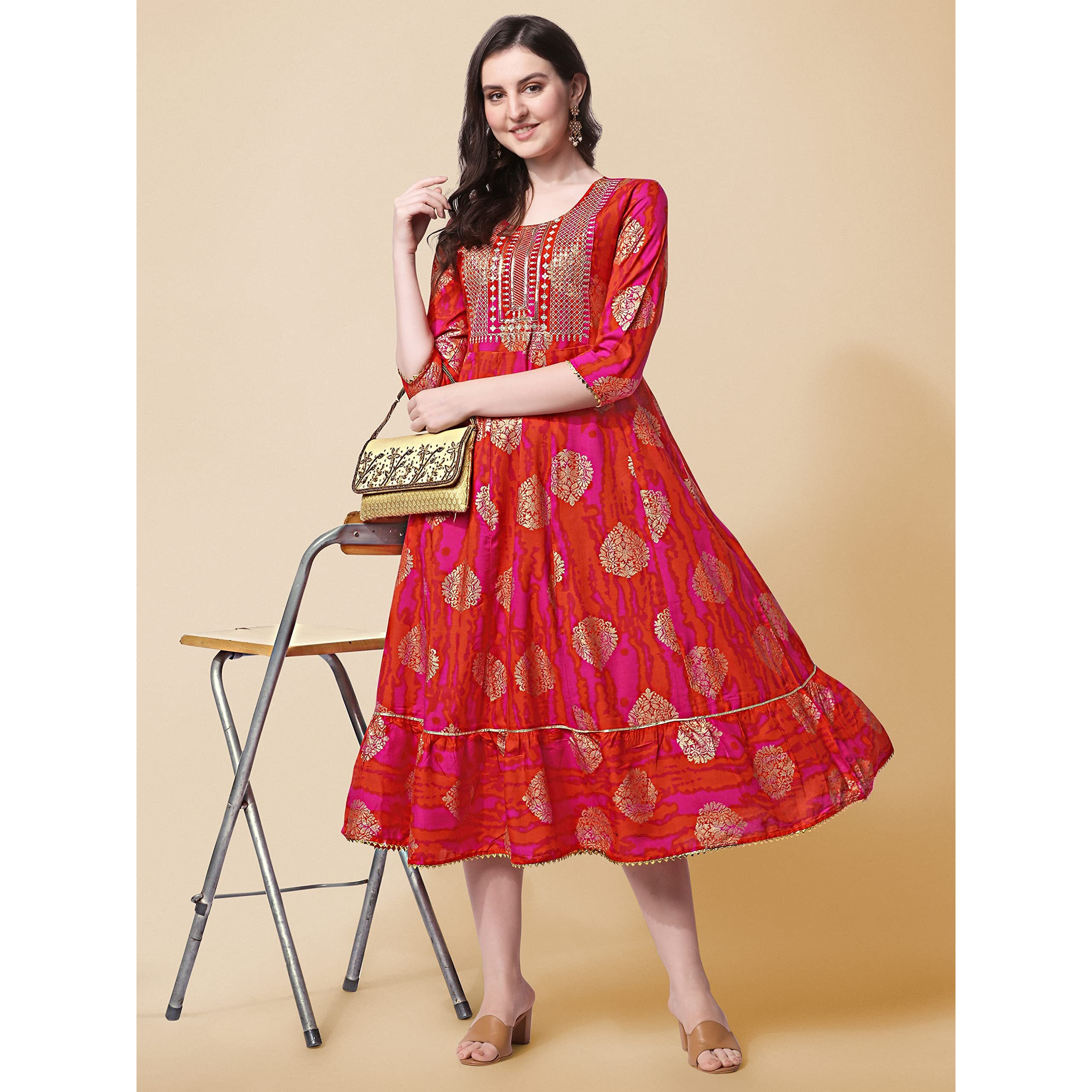 Mirchi Fashion Women's Cotton Blend Printed A-Line Kurti With Sequins Embroidered & Foil Work (In, Alpha, Xl, Pink, Orange, Gold)