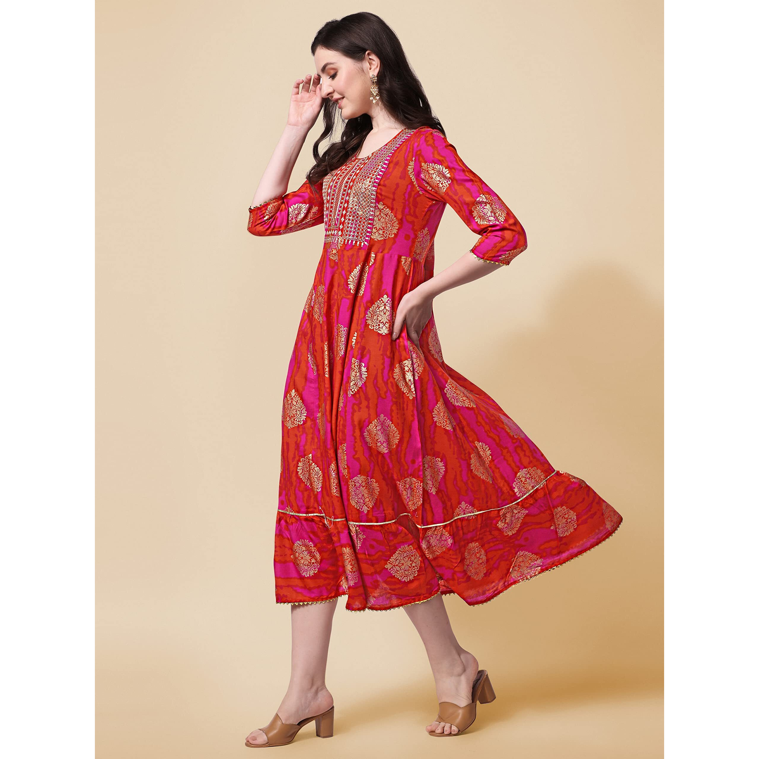 Mirchi Fashion Women's Cotton Blend Printed A-Line Kurti With Sequins Embroidered & Foil Work (In, Alpha, Xl, Pink, Orange, Gold)