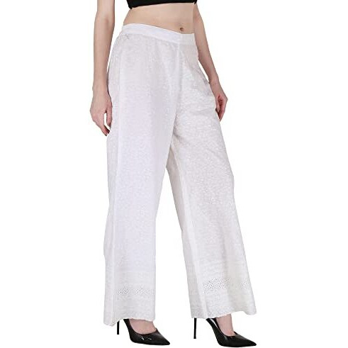 Shopping Queen Women's Cotton Embroidered Regular Fit Mid Rise Chikankari Palazzo (A296_White_3Xl)