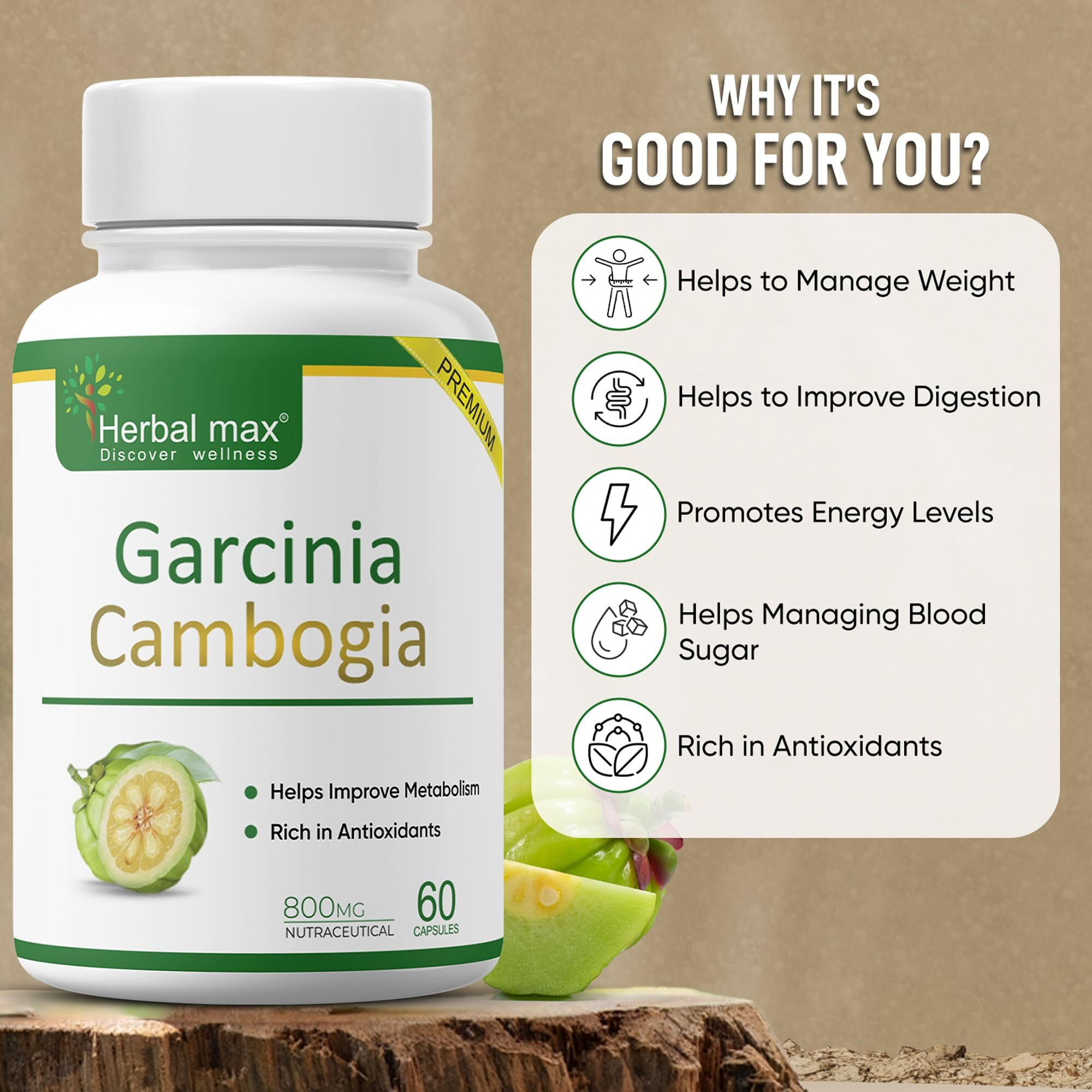 Herbal Max Garcinia Cambogia For Weight Management Capsule (60 Capsules) With 60% Hca & Green Tea Extract | Improves Digestion And Metabolism For Weight Management