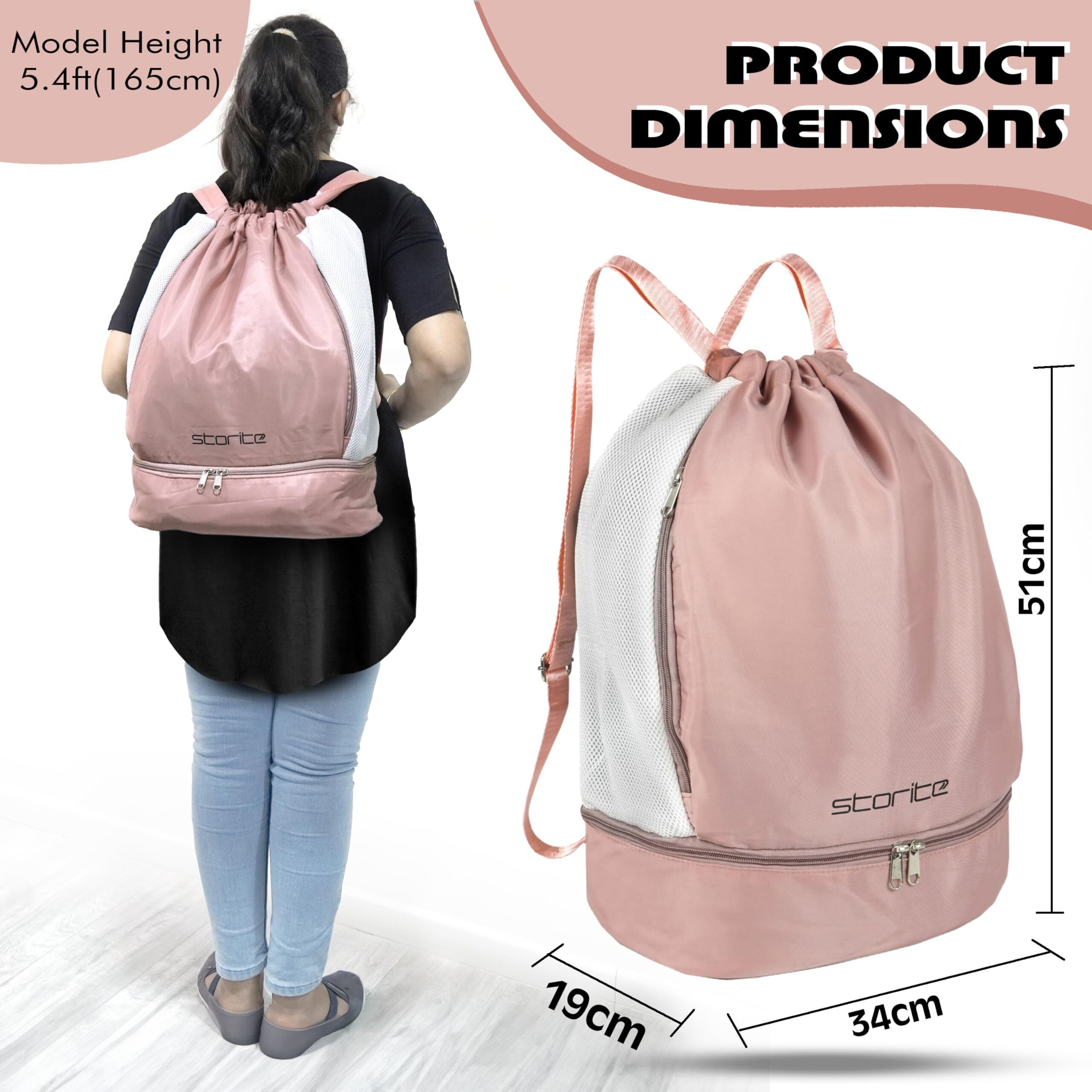 Storite Sports Drawstring Bag Backpack - Basketball Bag Gym Backpack Dedicated Shoe Compartment | Waterproof Large Space Gym Bag For Men Women | Pink (34 X 19 X 51 Cm)