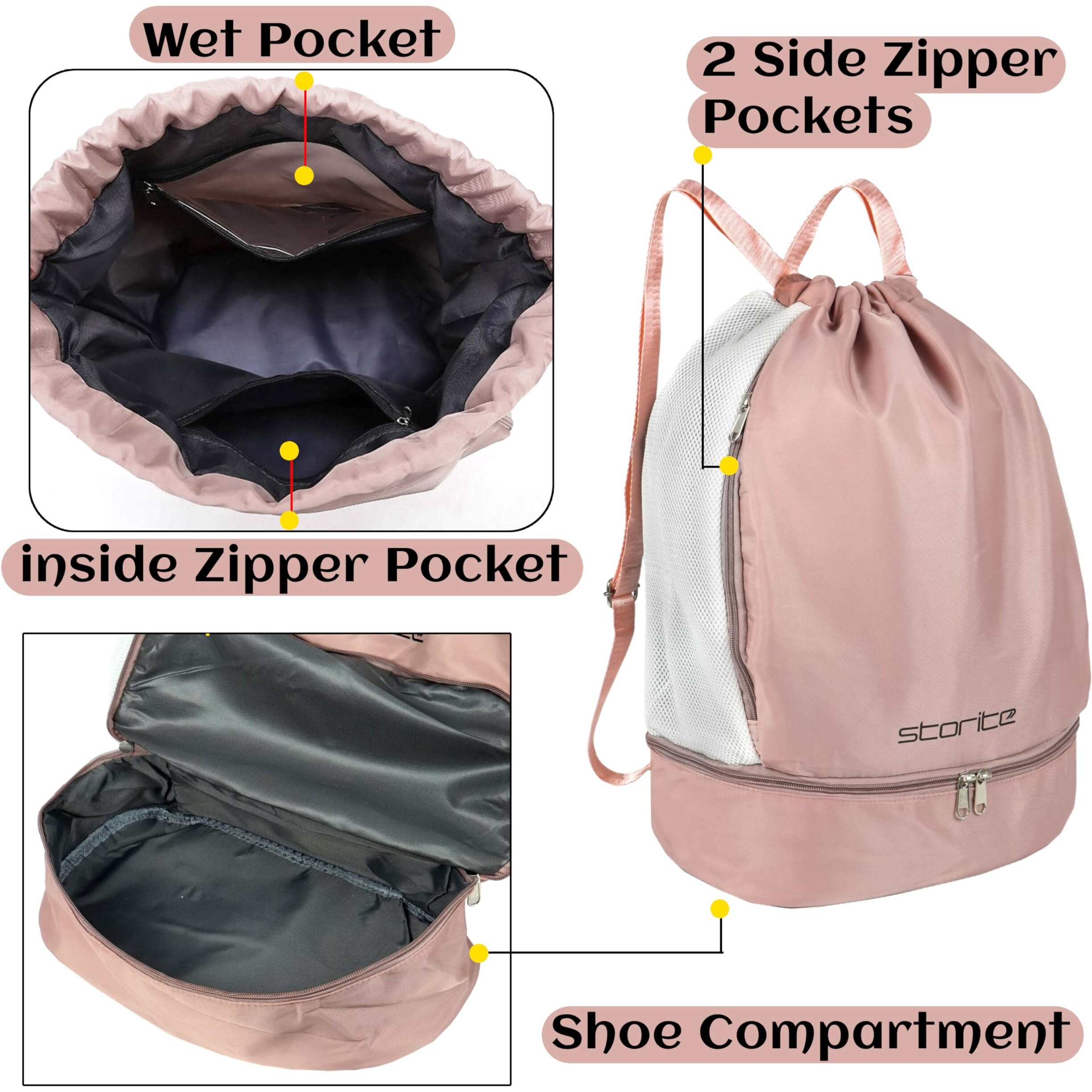 Storite Sports Drawstring Bag Backpack - Basketball Bag Gym Backpack Dedicated Shoe Compartment | Waterproof Large Space Gym Bag For Men Women | Pink (34 X 19 X 51 Cm)