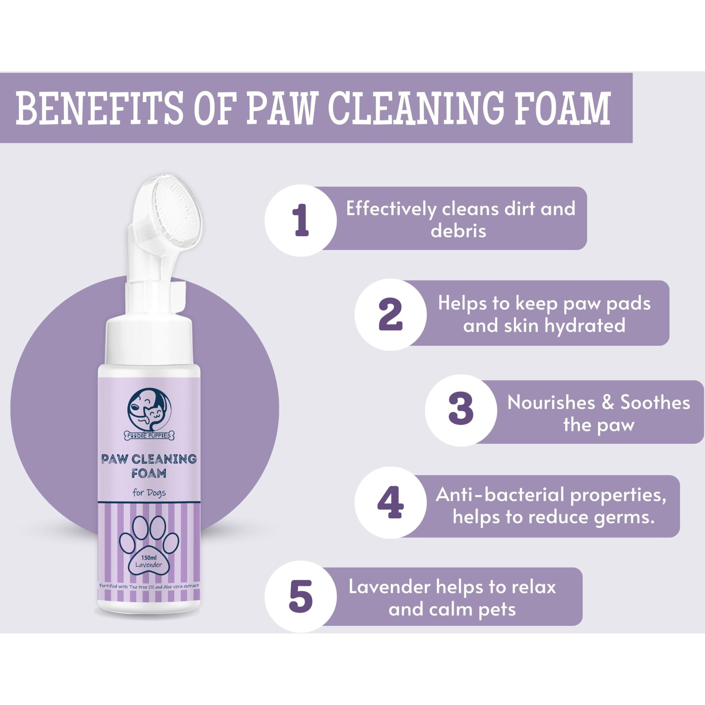 Foodie Puppies Paw Cleaner For Dogs & Cats - 150Ml | Lavender No-Rinse Foaming Cleanser With Silicone Brush | Tea Tree Oil & Aloe Vera | Quick Dry, Lick-Safe, Allergen-Free, Moisturizing & Freshening