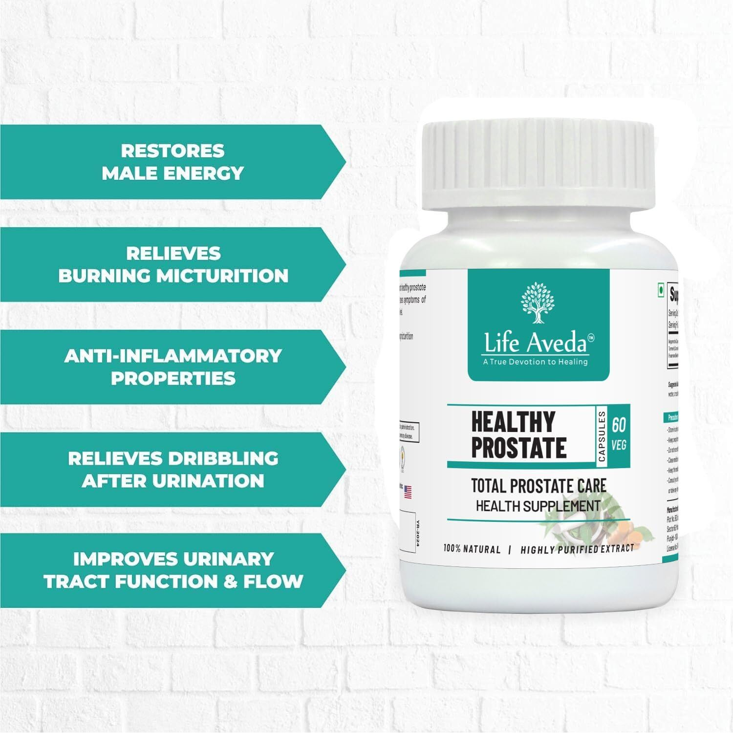 Life Aveda Ayurvedic Prostate Care Capsules | Helps In Prostate Enlargement | Helps With Inflammation, Burning, Infection & Irritation | Male Wellness Products | 180 Caps (3 Month Supply)