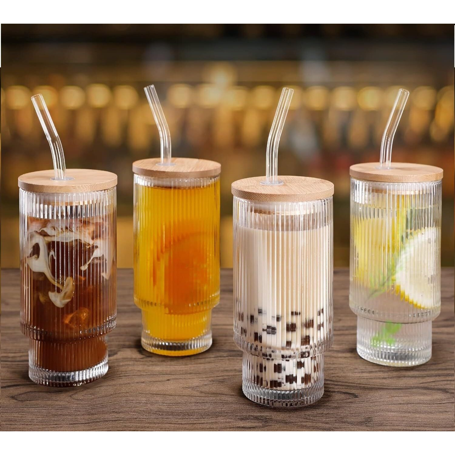 Kikiluxxa Glass Coffee Mug With Straw Green Tea Sipper Tumbler Mug With Lid - Pack Of 2- Travel Mug, Drinking Glass, Glass Sipper, Mason Jar, Can Sipper,Milk Mug,Juice Cup (Pattaya Can 2) - 300 Ml