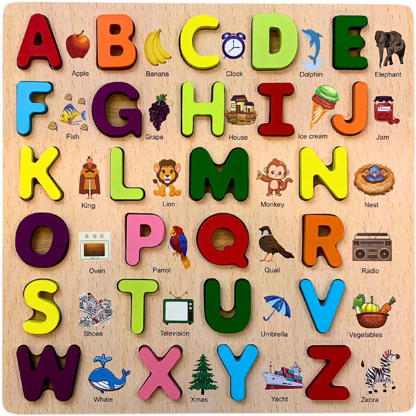 Earthytweens Learning Abcd Wooden Board | English Alphabet Puzzles Montessori Educational Blocks For Kids 2+ Years | Non-Toxic| Multicolor (Capital Alphabets Fun Learning Abcd Toys For Kids)