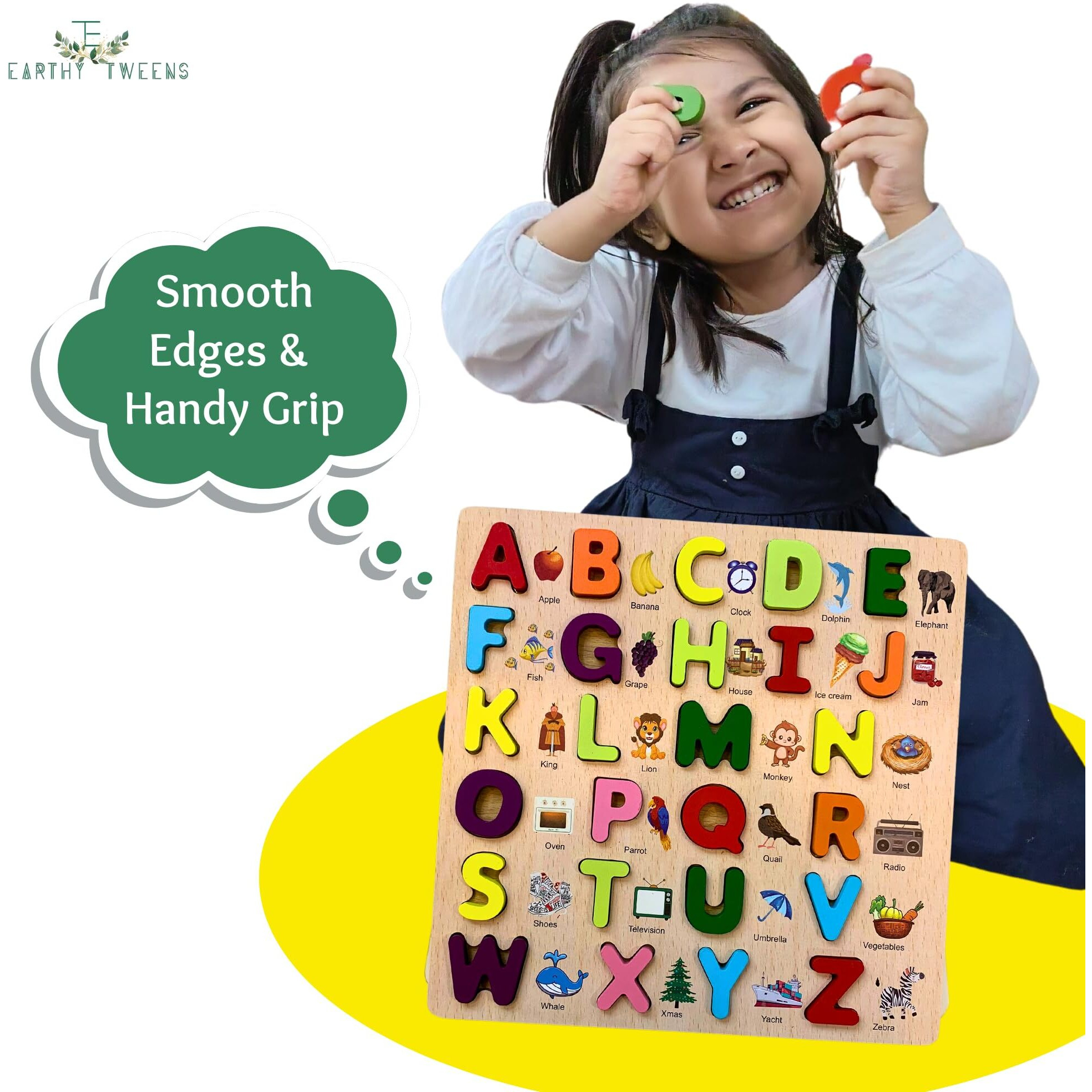 Earthytweens Learning Abcd Wooden Board | English Alphabet Puzzles Montessori Educational Blocks For Kids 2+ Years | Non-Toxic| Multicolor (Capital Alphabets Fun Learning Abcd Toys For Kids)