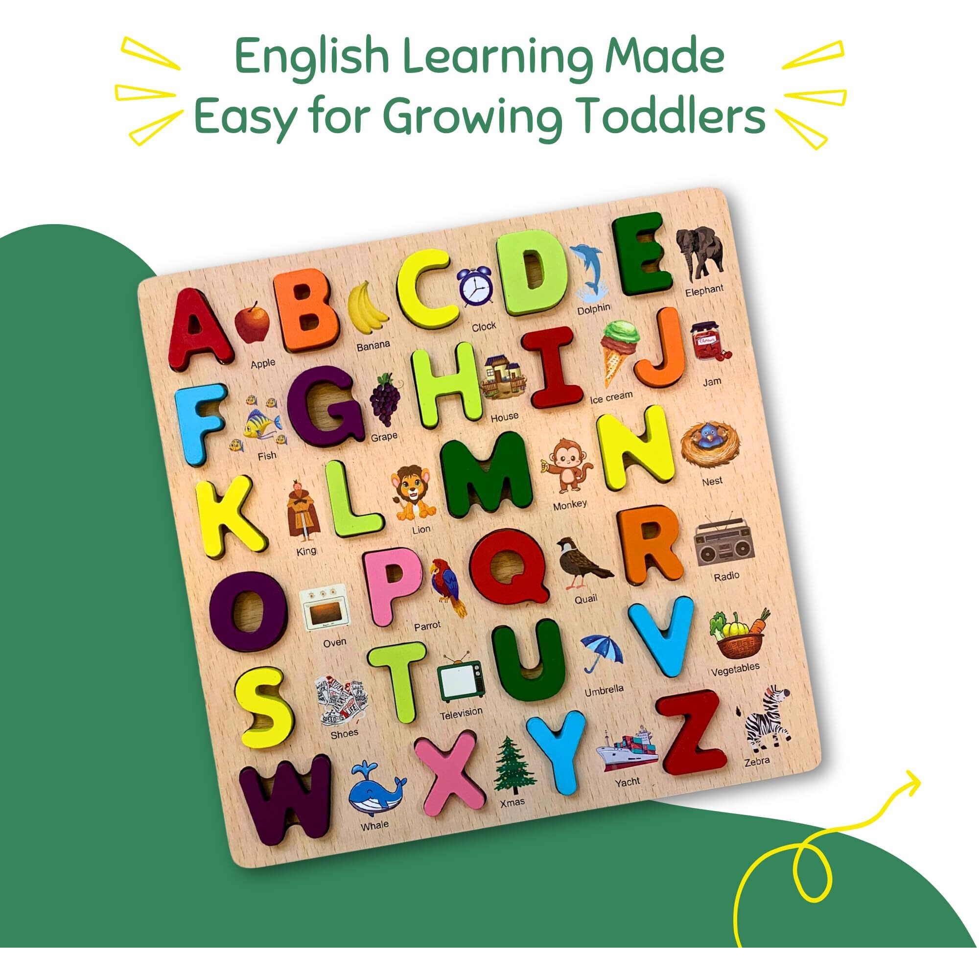 Earthytweens Learning Abcd Wooden Board | English Alphabet Puzzles Montessori Educational Blocks For Kids 2+ Years | Non-Toxic| Multicolor (Capital Alphabets Fun Learning Abcd Toys For Kids)