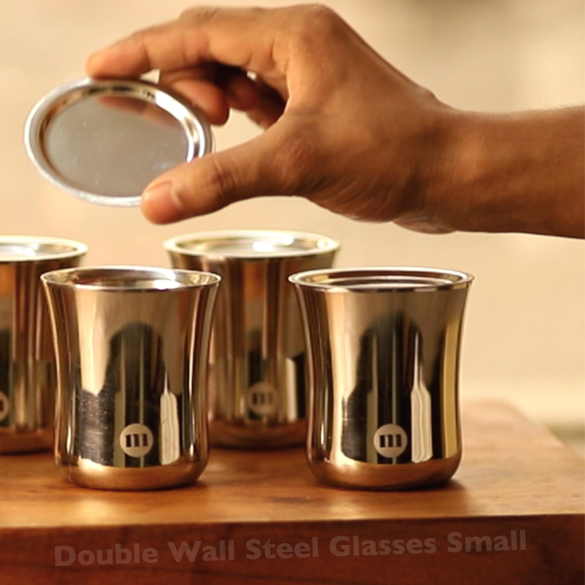 Maru Mini Double Wall Tea Glasses Set Of 4 Pcs, Small Stainless Steel Cups With Lids Coaster - 120Ml Each, Small Steel Glass For Kids And Adults, Ideal Chai Glass, Milk Glass, Coffee Glass With Lid