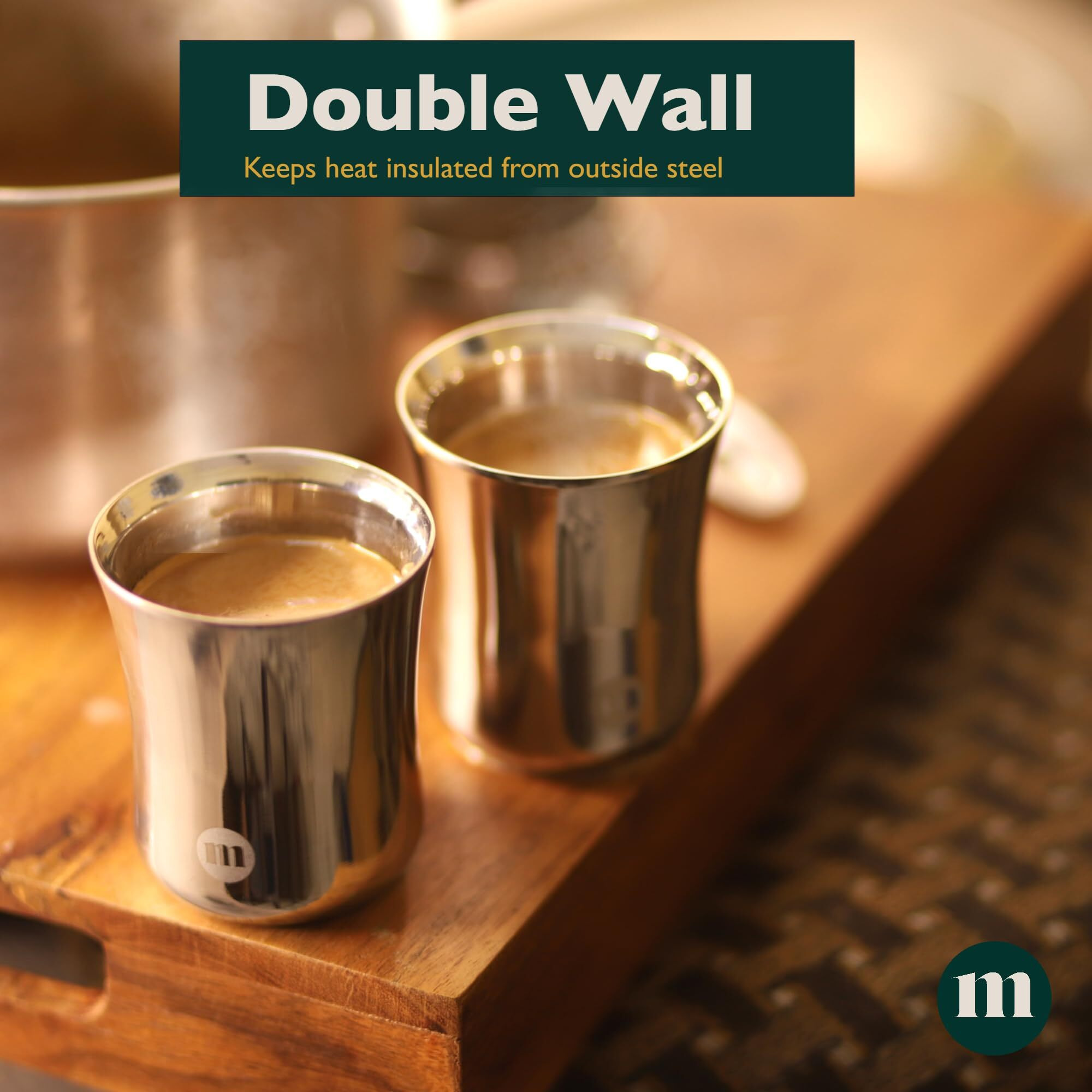 Maru Mini Double Wall Tea Glasses Set Of 4 Pcs, Small Stainless Steel Cups With Lids Coaster - 120Ml Each, Small Steel Glass For Kids And Adults, Ideal Chai Glass, Milk Glass, Coffee Glass With Lid