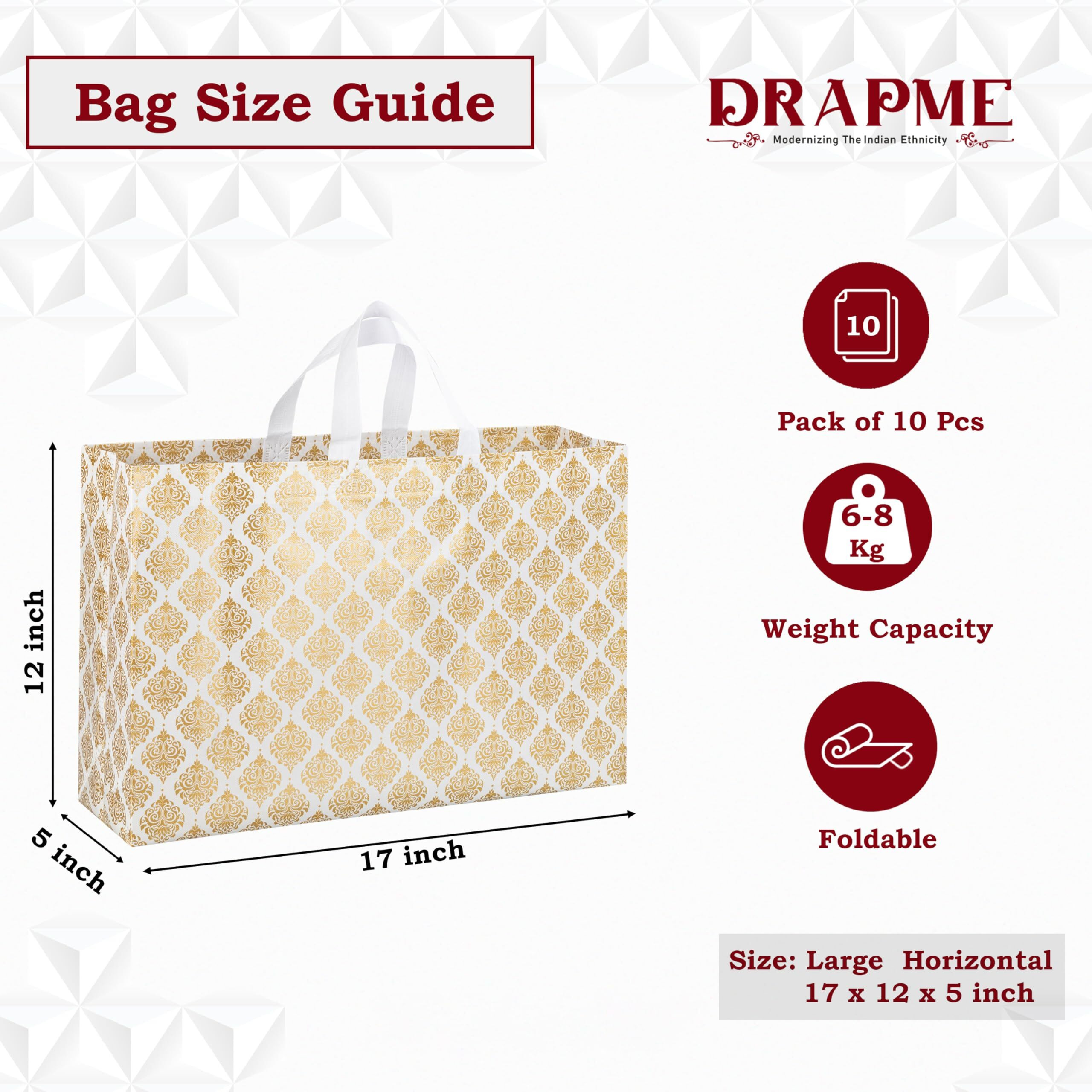 Drapme Festive Special Reusable Non-Woven Laminated Gift Bags, Wedding Gifts, Shagun, Saree, Mithai, Jewellery, Traditional Gifting Carry Bag (Large - 17X12X5, White, Pack Of 10)